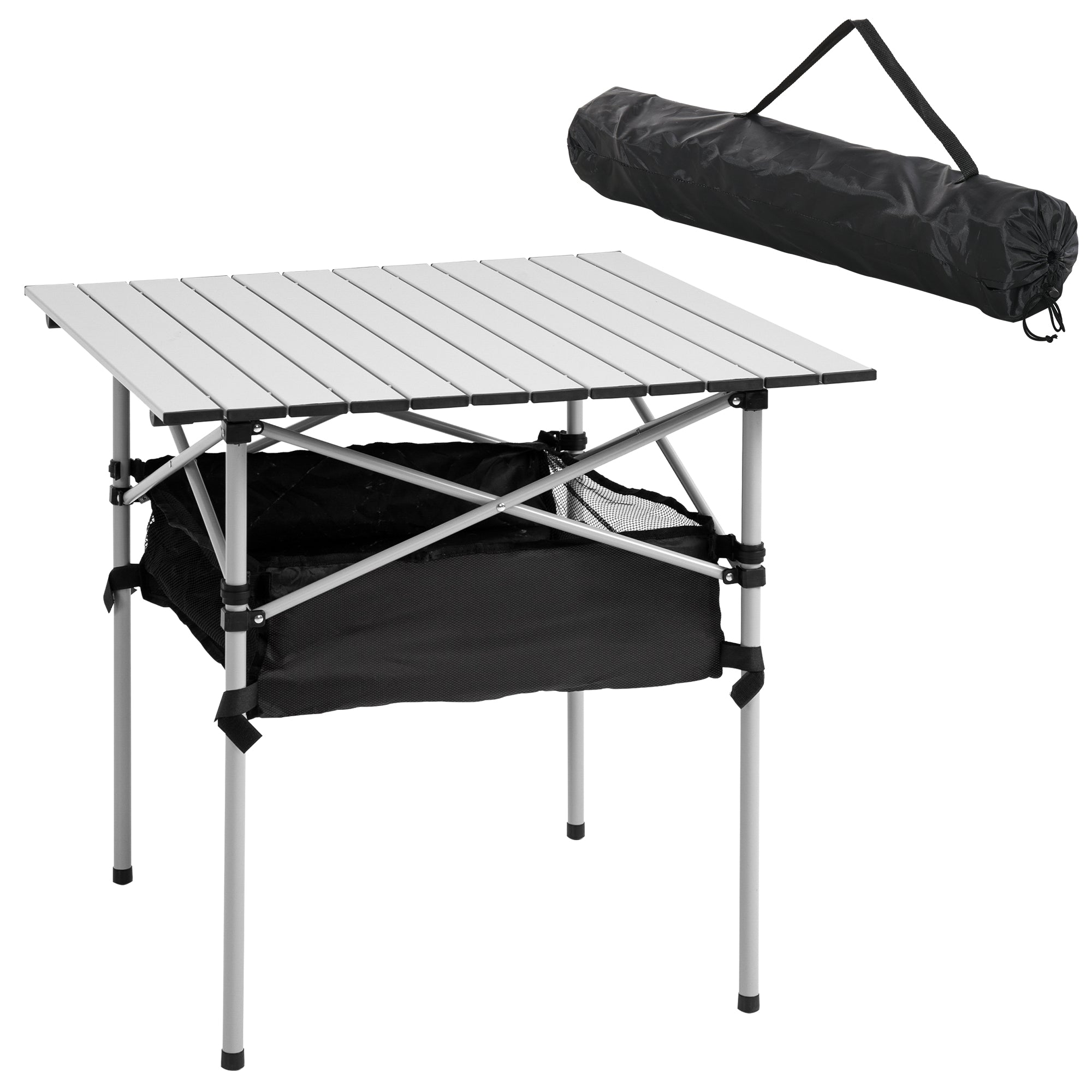 Outsunny Transportabel Sammenklappelig Campingbord Multifunktionelt med Netlagerplads og Transporttaske til Have Balkon Patios Udendørs 70x70x69 cm Sølv