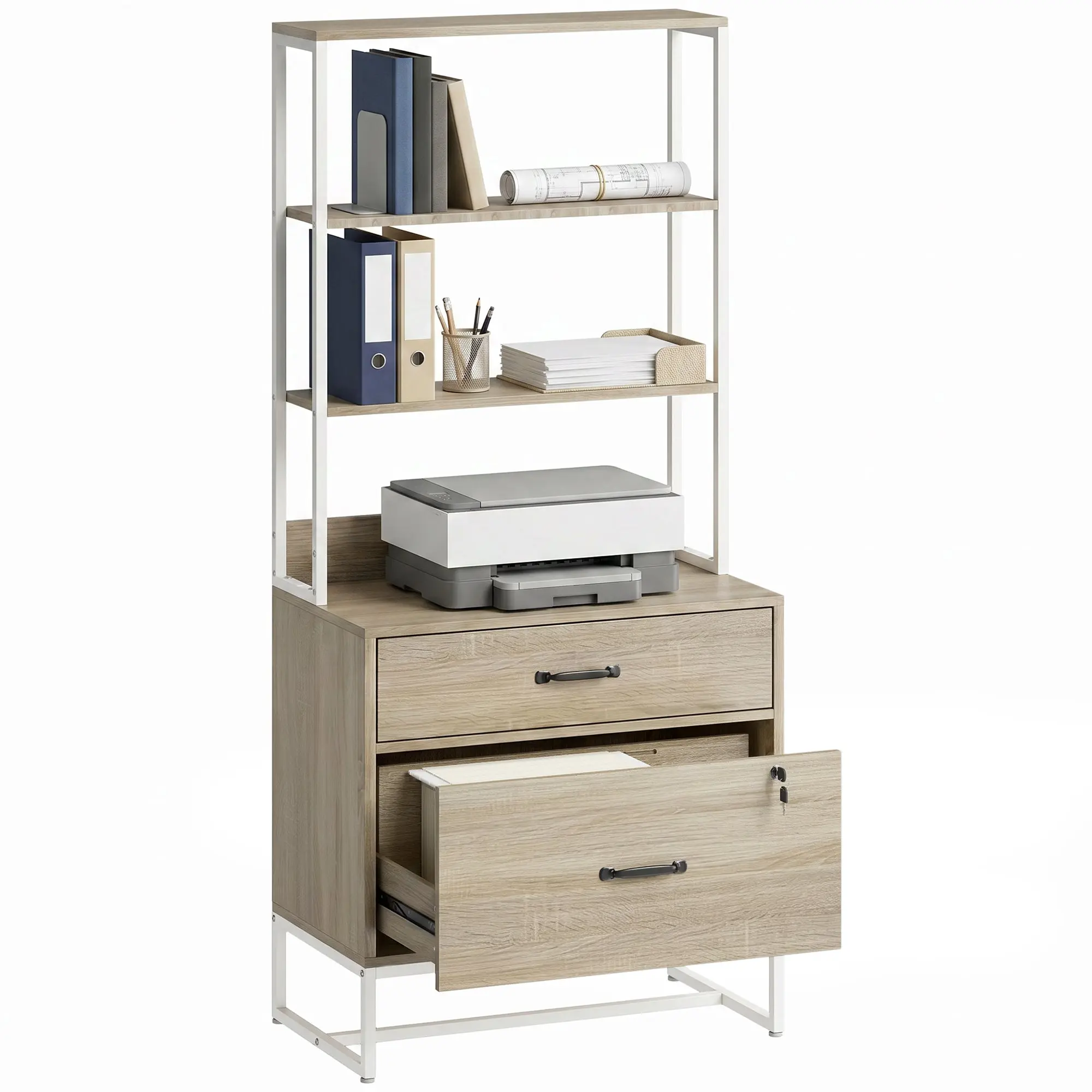 Desk Drawer Unit with Shelves — 2-Drawer Lockable Filing Cabinet with Printer Top, Fits A4/Letter/Legal, Oak