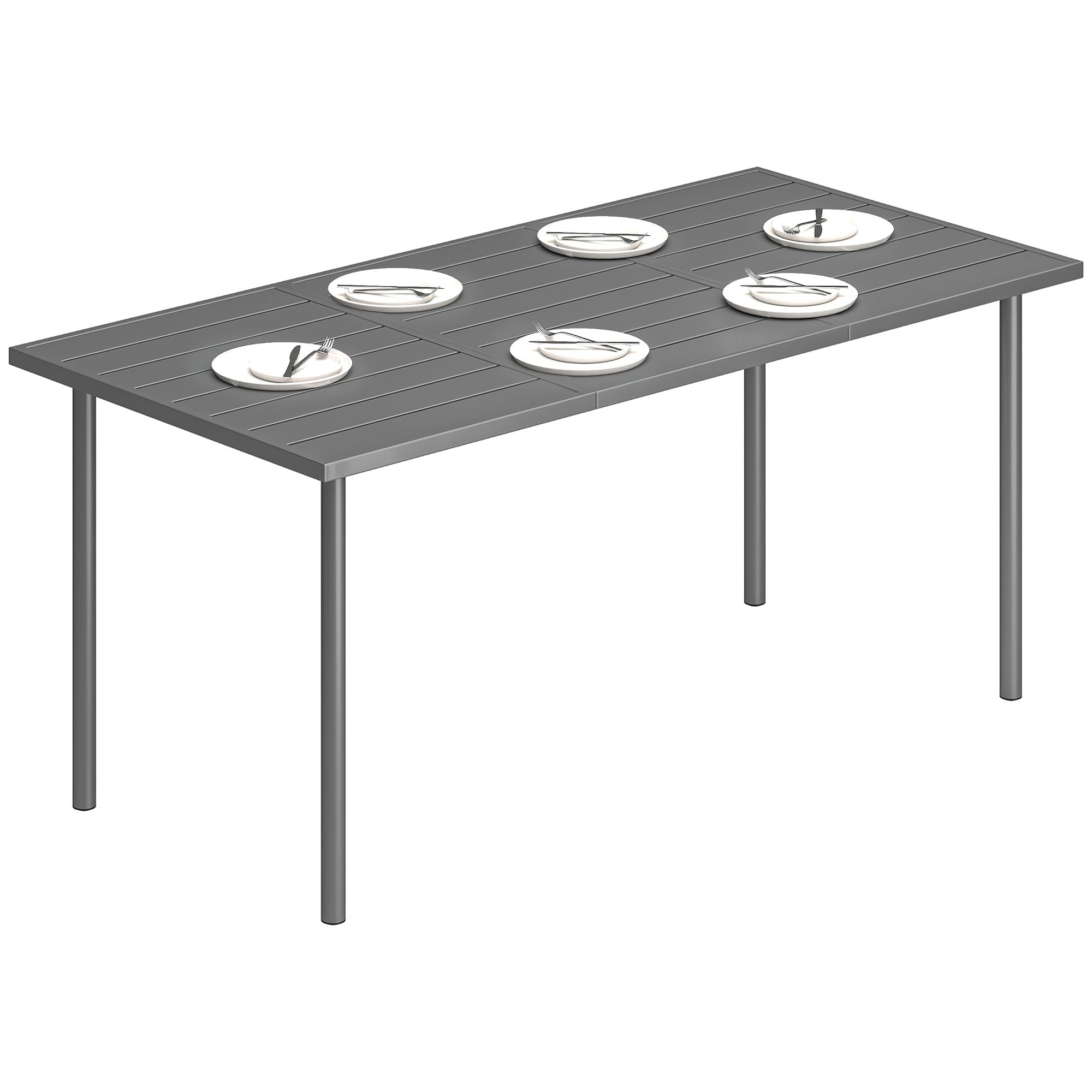 Outsunny udendørs spisebord 165 x 80 cm til 6 personer — lamelleret metalbordplade, pulverlakeret stålstel, vejrbestandigt (mørkegrå)