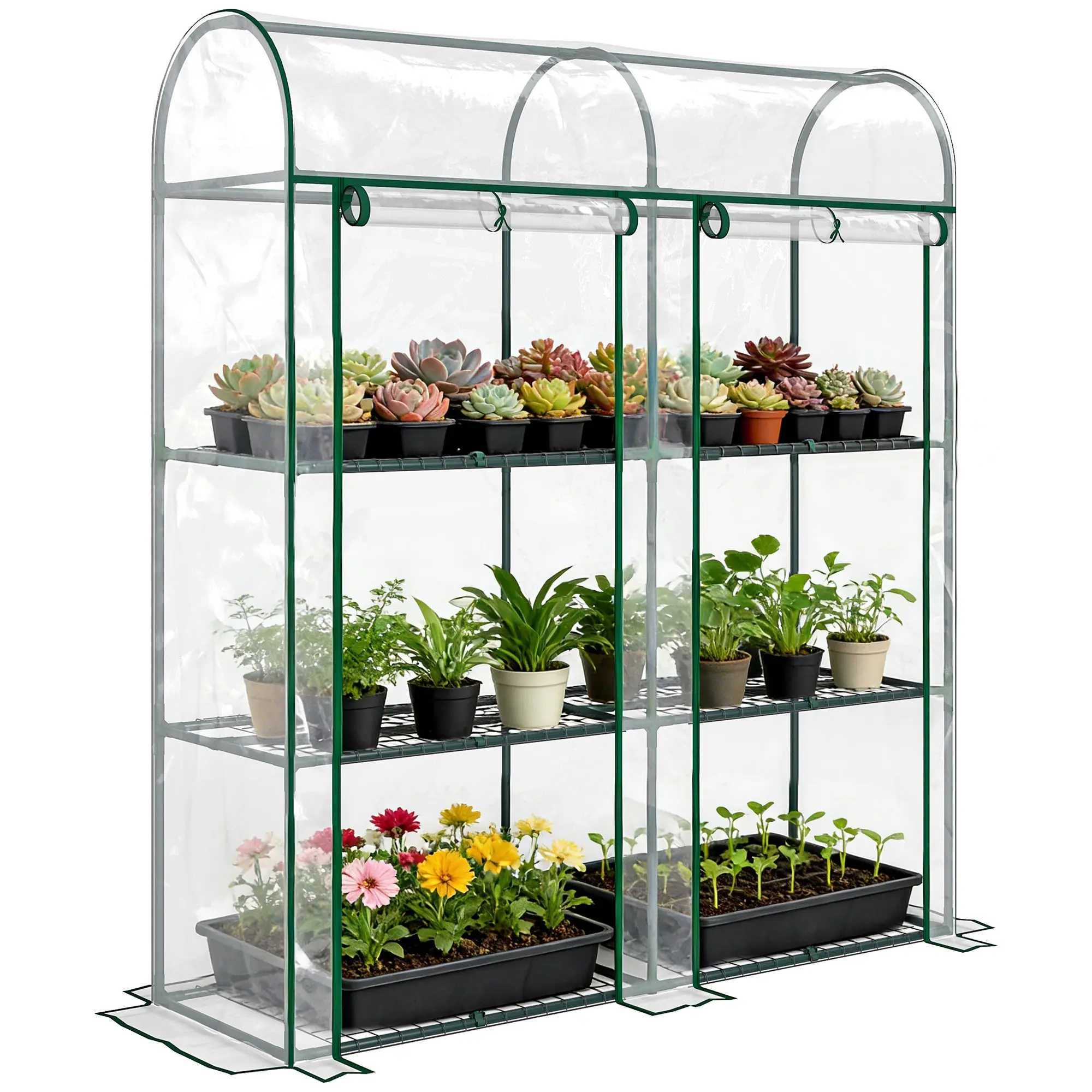 3-Tier Mini Garden Greenhouse with Shelves, Clear PVC Cover & Powder-Coated Steel Frame, 56.3 x 18.1 x 64.6 in (143 x 46 x 164 cm)