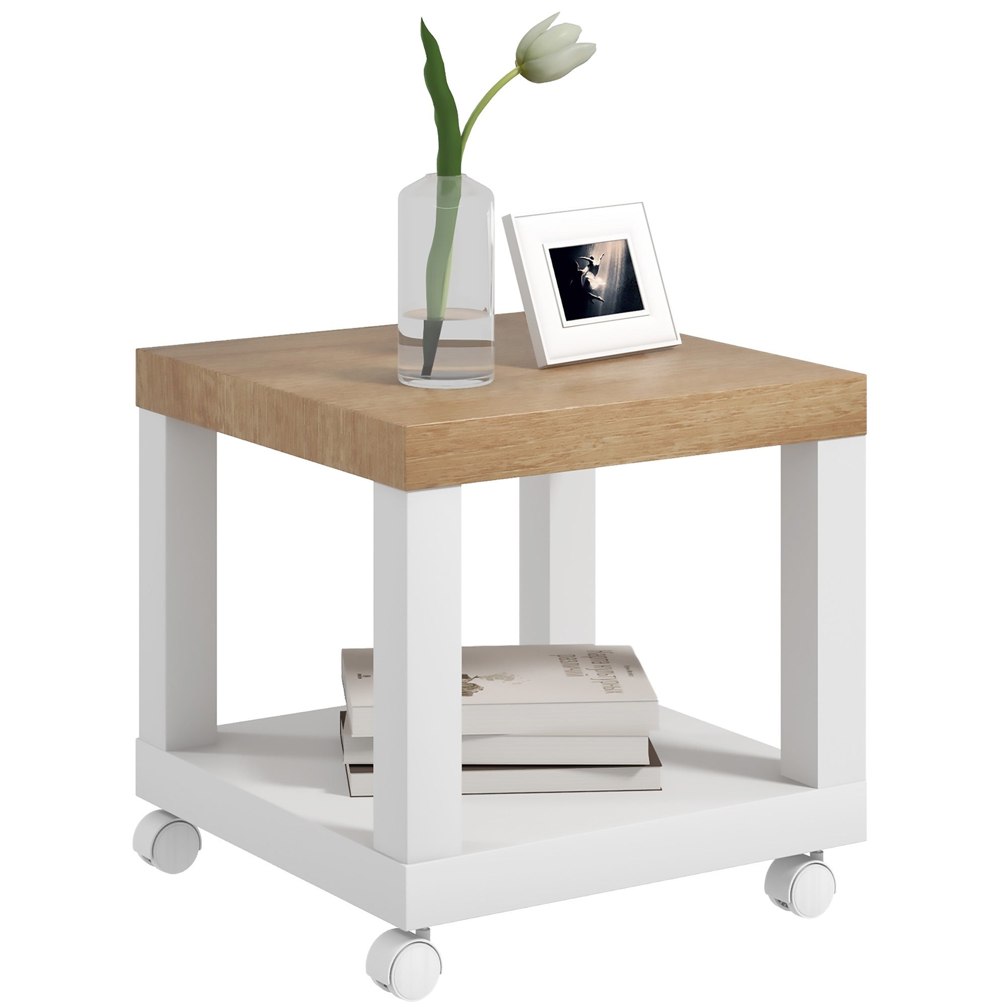 HOMCOM Vognbord med Åben Hylde til Sofa, Stue, Soveværelse 40x40x40 cm Natur og Hvid