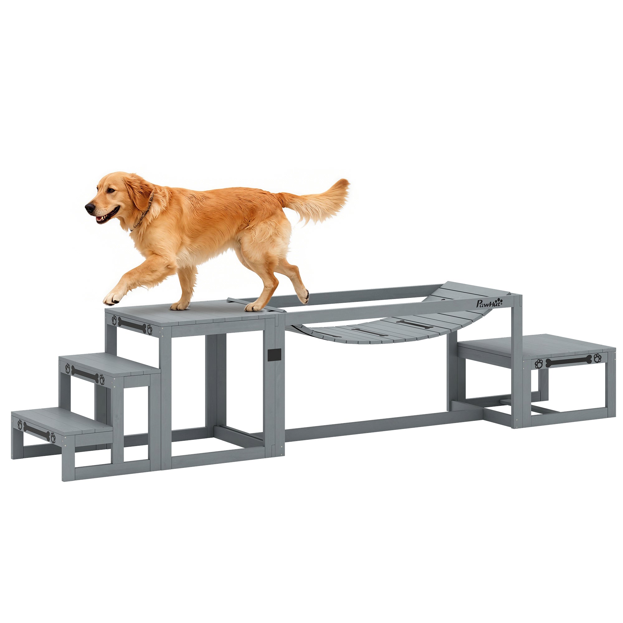 PawHut 3‑teiliges Hundesport-Set – Weichbrücke, Leiter & Plattform aus Fichtenholz für mittelgroße bis große Hunde bis 40 kg, Grau