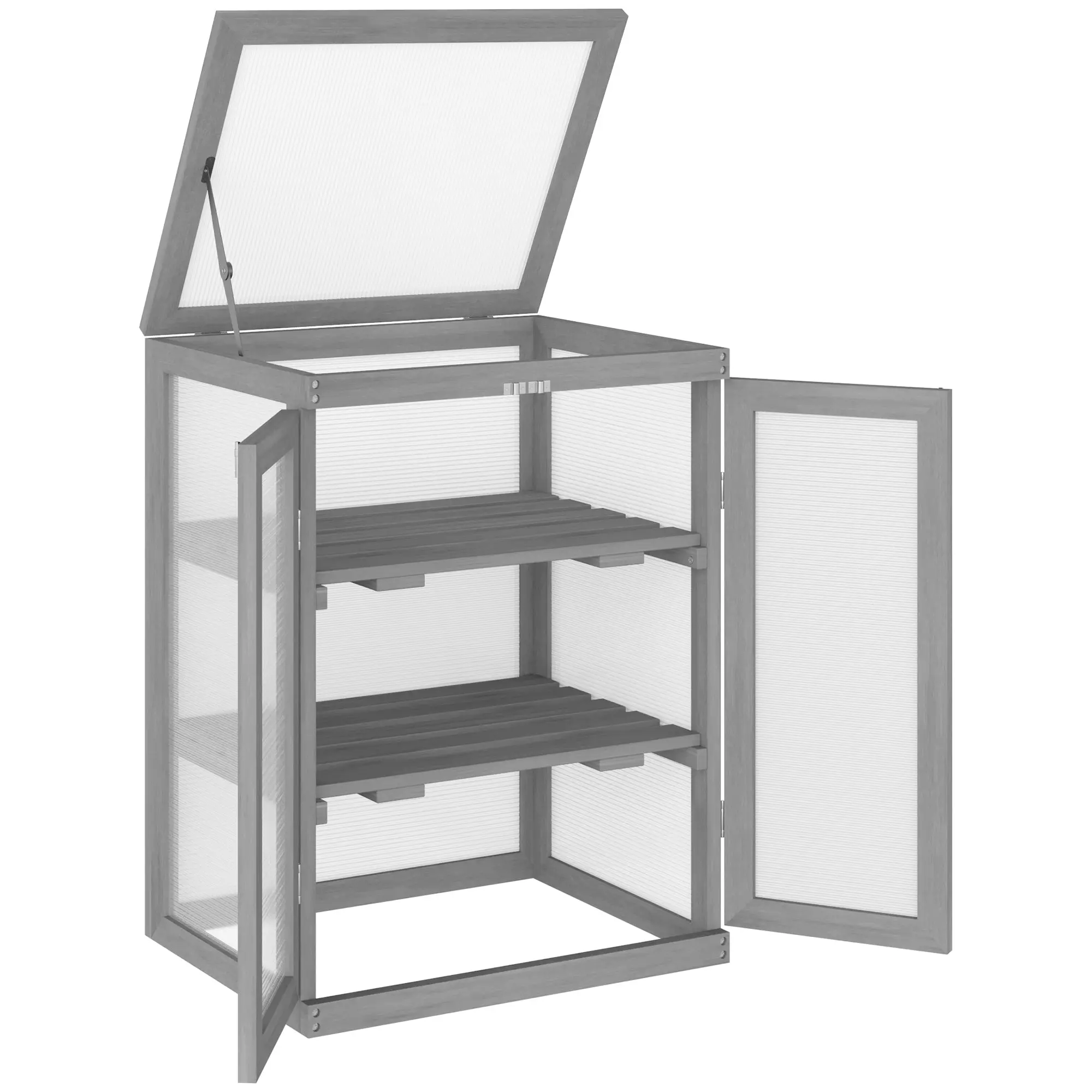 3-Tier Greenhouse Seedling Box Greenhouse Seedling Box with Two Doors made of Wood and Polycarbonate Weatherproof Load Capacity up to 15 kg (per shelf) Dark Gray 58 x 44 x 78 cm