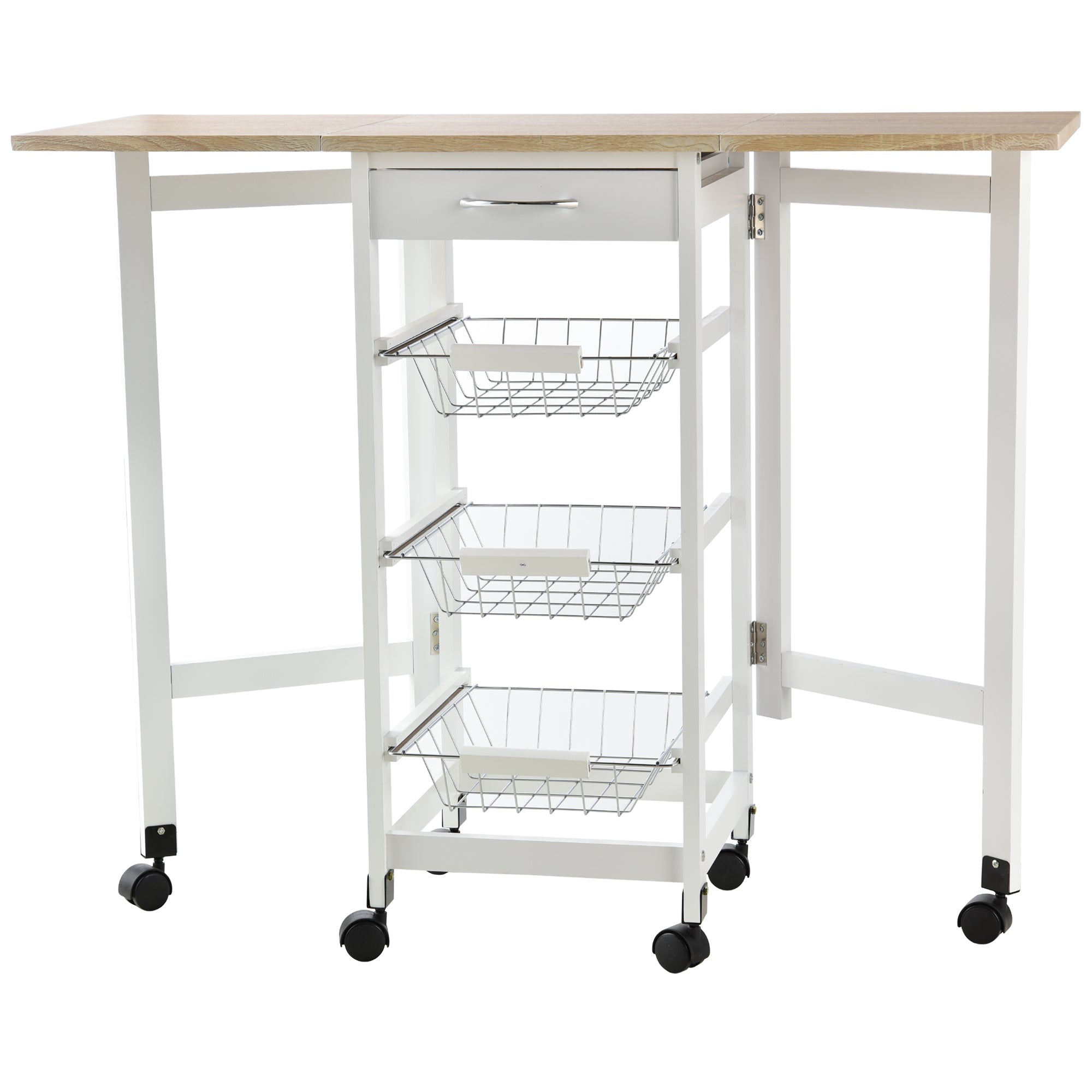 Chariot de Cuisine Pliant HOMCOM avec 6 Roues, 1 Tiroir et 3 Panier en Métal - Chariot Multifonctionnel pour le Rangement - Charge de 50 kg - 97.2x37x77.5 cm Blanc et Chêne