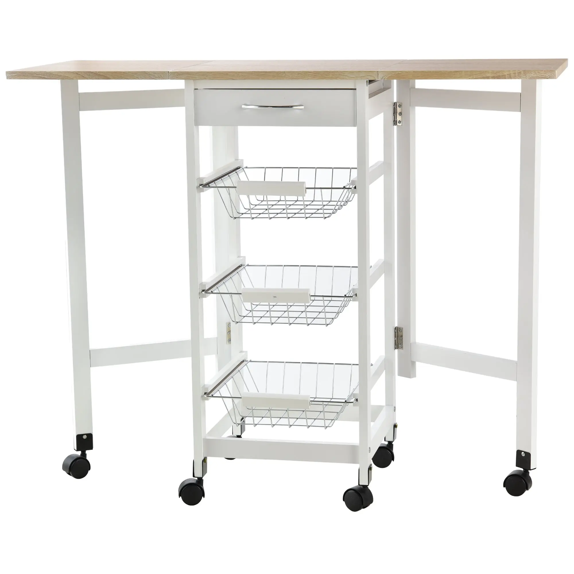 Folding Kitchen Cart Utility Trolley with 6 Wheels 1 Drawer and 3 Metal Baskets Multifunctional Service Cart for Storage Load 50 kg 97.2x37x77.5 cm White and Oak