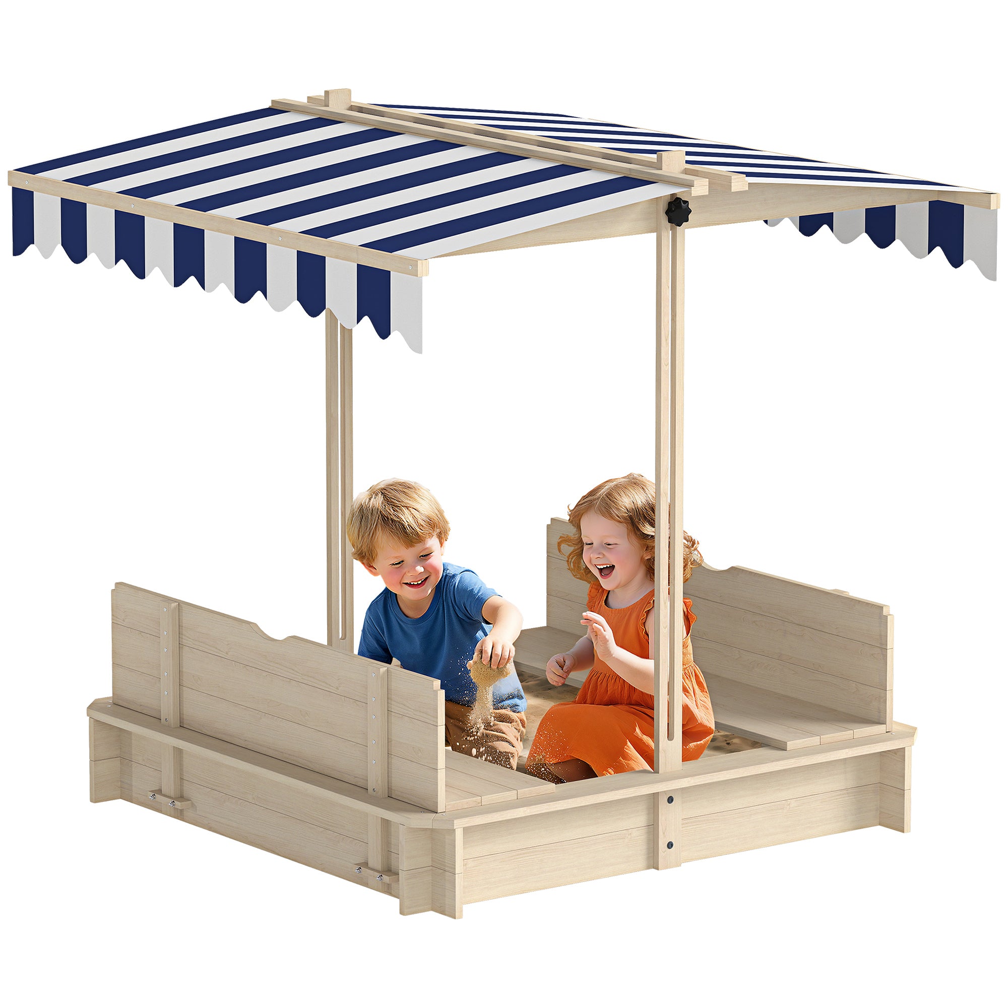 Outsunny Holzsandkasten für Garten mit Dach Felix Kindersandkasten mit abnehmbarem Dach und verstellbaren Rückenlehnen aus Fichtenholz für 3-7 Jahre 106 x 106 x 115 cm Natur
