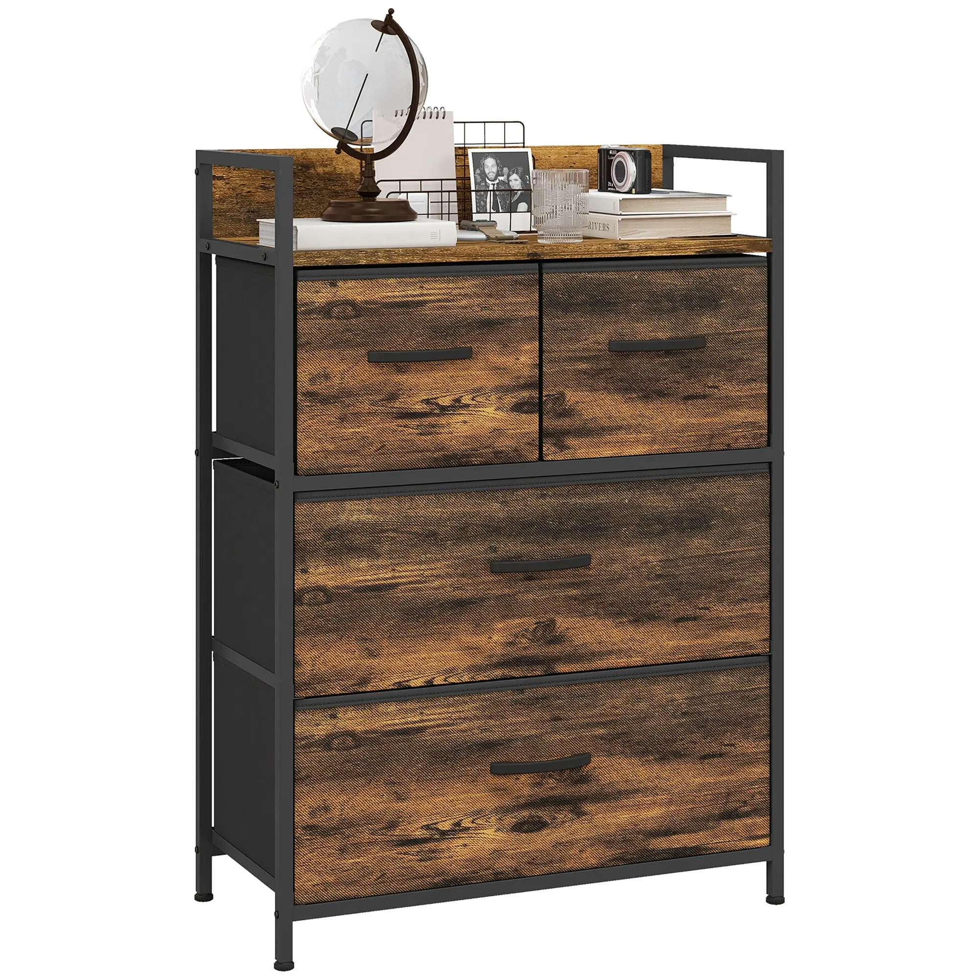Fabric Storage Cabinet with 4 Drawers, Shelving Unit with Steel Frame Cupboard for Bedroom, Living Room Rustic Brown