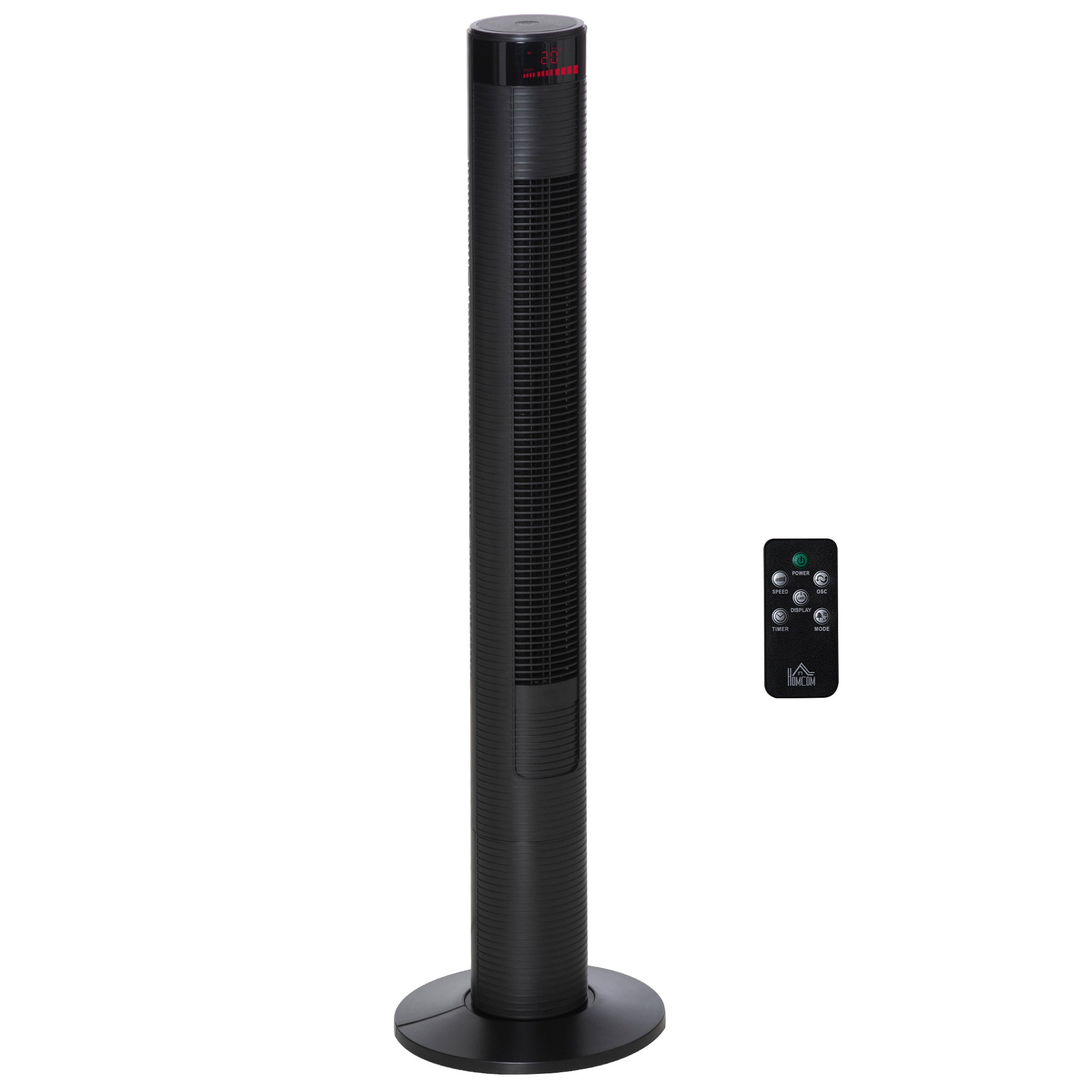 HOMCOM Hiljainen Tornituuletin Kaukosäätimellä 117 cm 70° Kääntyvä Lattiatuuletin 4 Tilalla, 3 Nopeudella, 12 Tunnin Ajastimella, LED-näytöllä, Musta