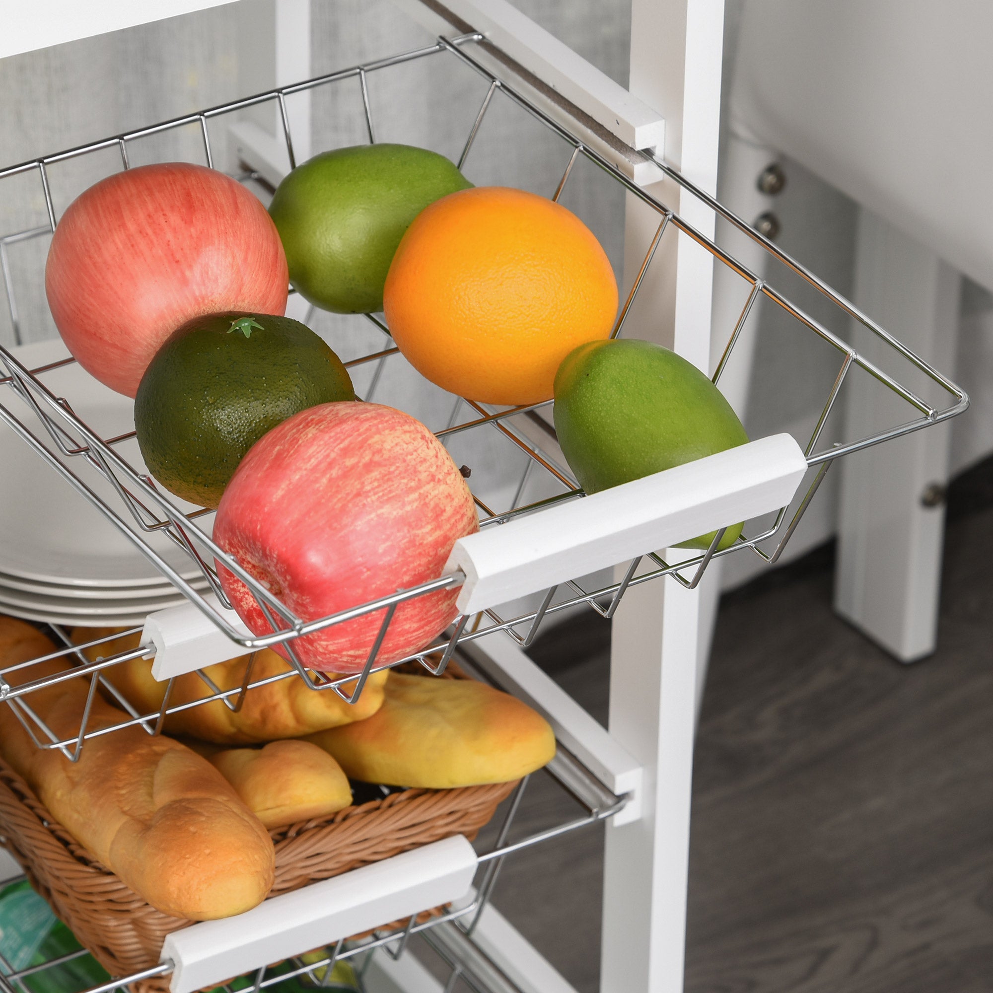 Kitchen Trolley with Wheels, Serving Cart, 4 Metal Baskets + Drawer, Kitchen Trolley, Pine Wood Frame, Small Space, Kitchen, Bathroom, Living Room, Office, White
