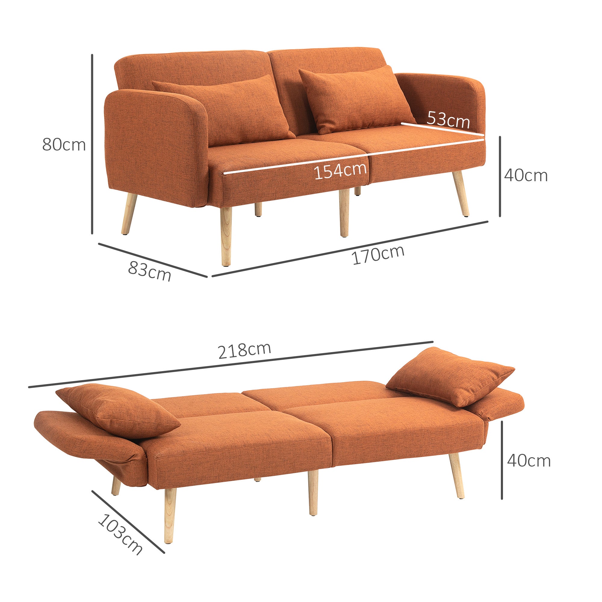 HOMCOM 3-Sits Konvertibel Soffa, 2-Sits Soffbädd, Lutande Ryggstöd och Justerbara Armstöd, Linne-liknande Tyg, Massiva Träben, 2 Tvättbara Kuddar, Brun