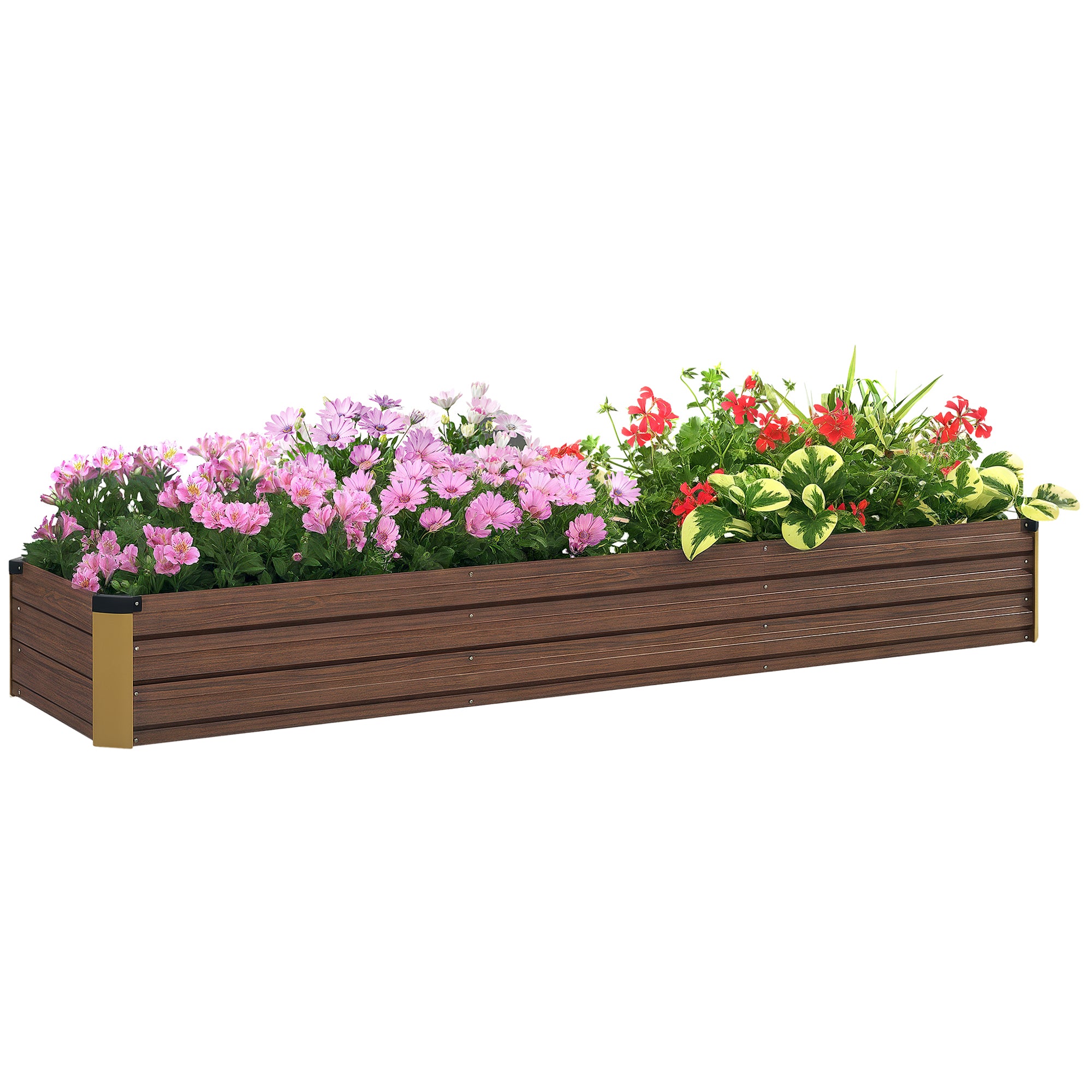 Steel Raised Bed, Planter Box with Open Bottom, Flower Box with Wood Design, Vegetable Bed, Herb Bed for Balcony, Garden, Dark Brown, 240 x 60 x 30 cm