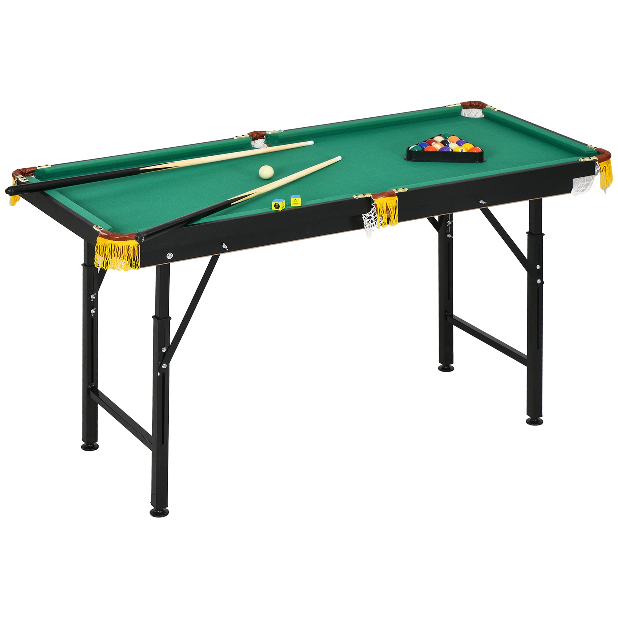 Table de Billard Pliable SPORTNOW 4,6ft 140 x 63 x 55-75 cm avec Accessoires, Triangle, 2 Queues, 16 Billes pour Jeunes et Adultes, Acier, Vert