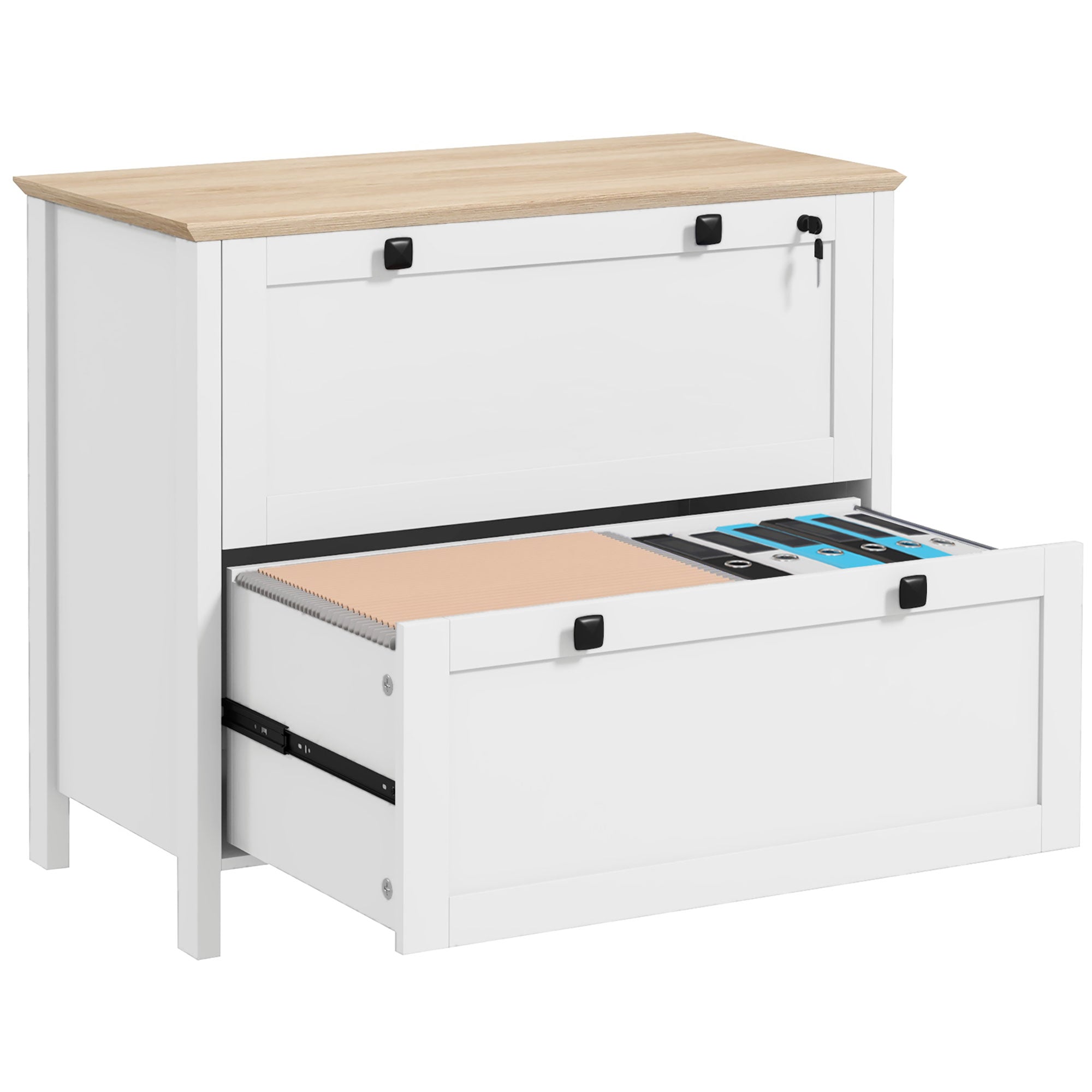 HOMCOM Büro Schieferssystem mat 2 Schubladen, 2 Hängestangen, Schlëssel a 2 Schlüsselen fir A4 Gréisst fir Studie Appartement 79x40x72 cm Wäiss an Eech