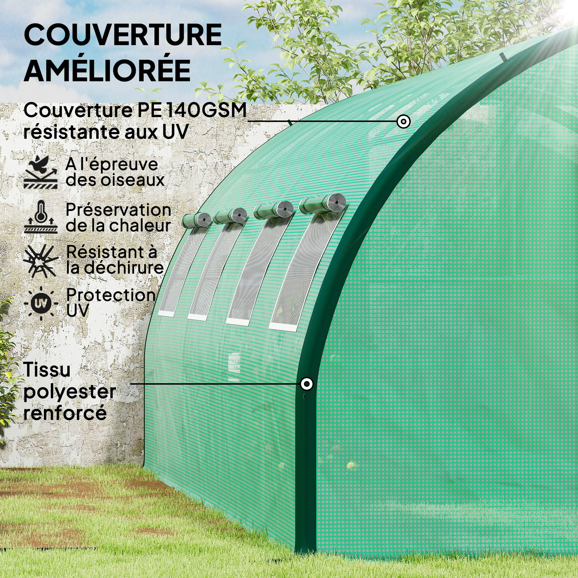 Garden Tunnel Greenhouse, Tunnel Greenhouse 18 m?, with 8 windows and 2 hinged doors, PE cover, structure made of galvanized iron, 6 x 3 x 2 m, green