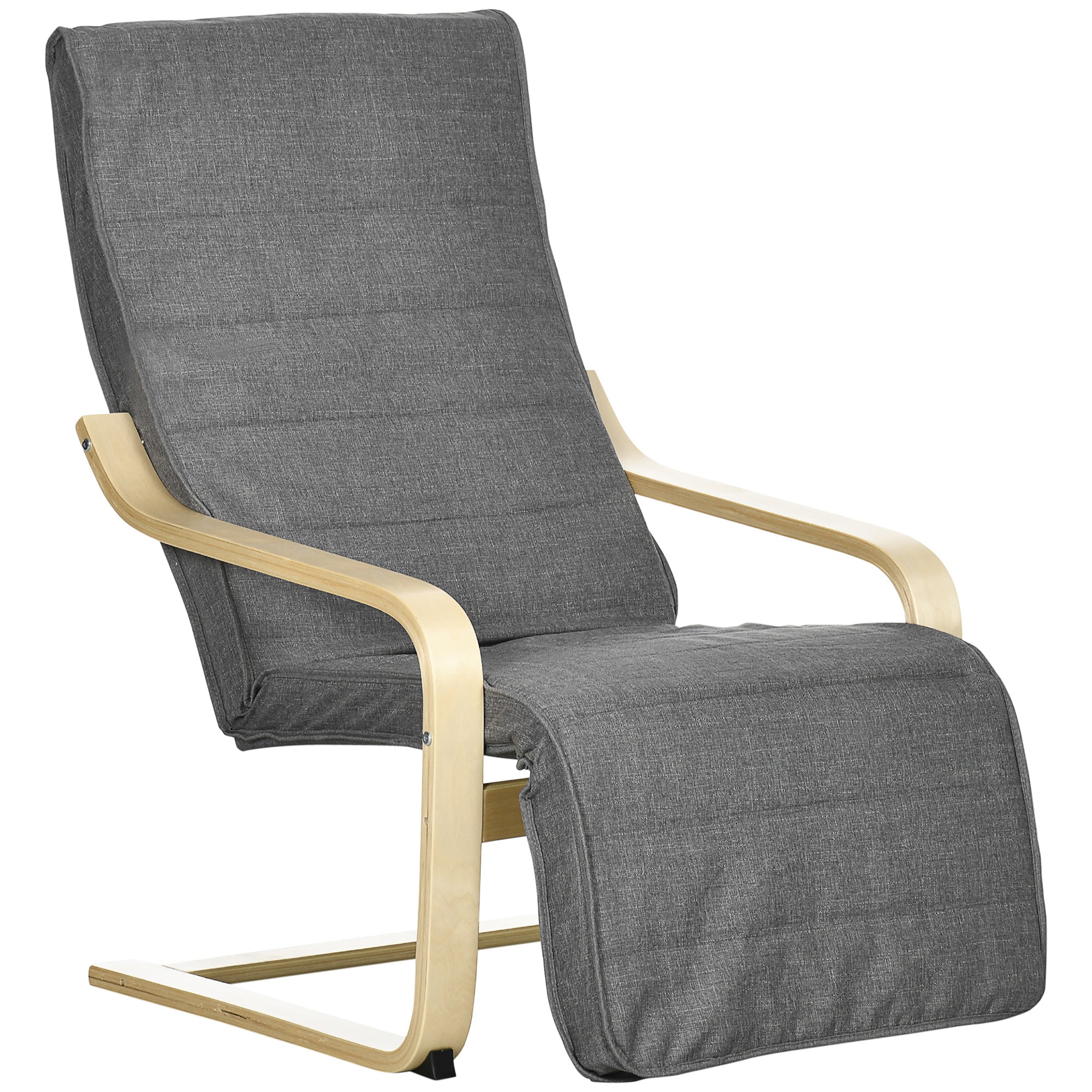 Relaxation Armchair with Adjustable Footrest, Wooden Lounge Chair with Linen Look Upholstery and Padded Seat, Gray, 66.5 x 94 x 100 cm