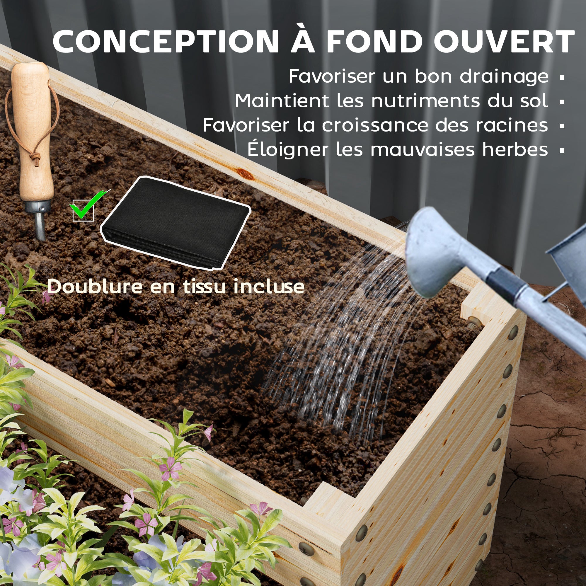 Garden Square Planter, Solid Wood Garden Bed, Raised Garden Bed, Bottomless, 4 Levels, for Herbs, Vegetables, Fruits, Flowers, 113 x 113 x 46 cm, Natural Wood