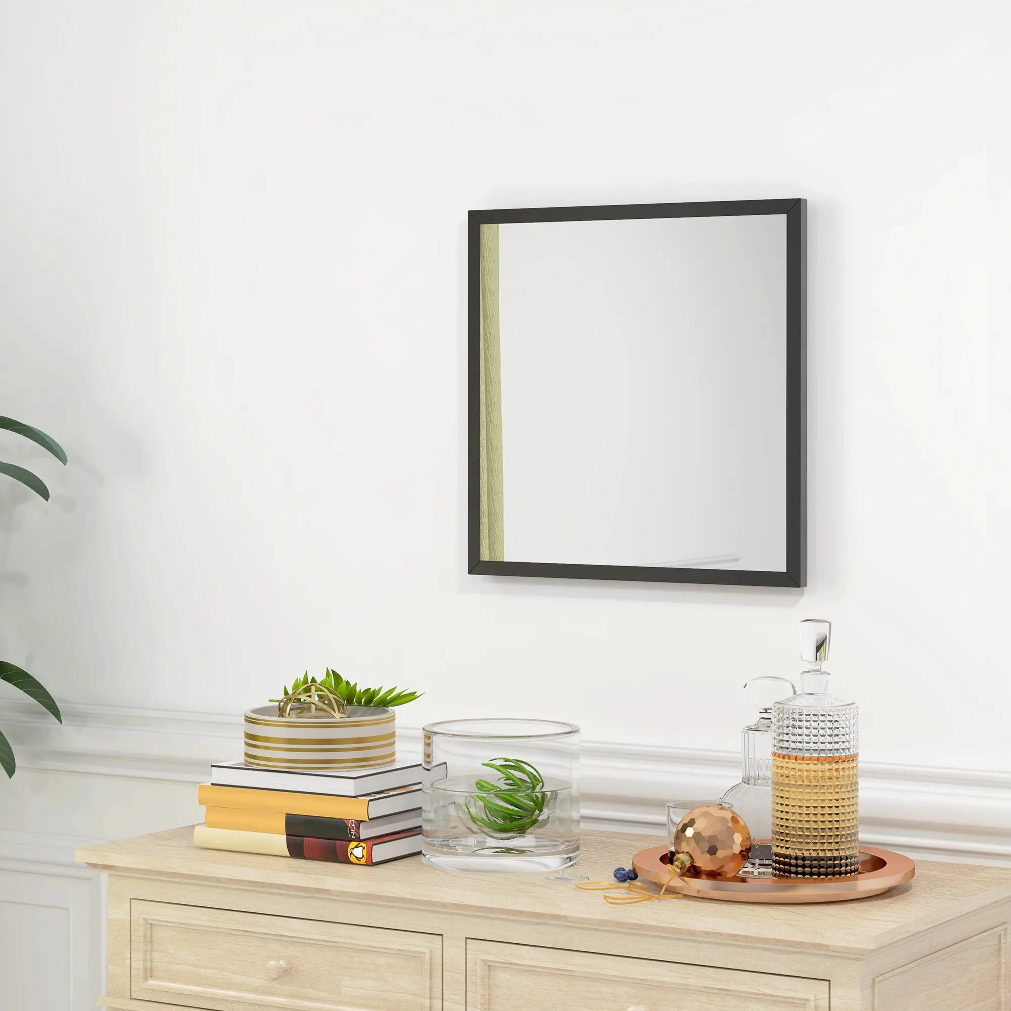 Square Wall Mirror 50 x 50 cm, black wooden frame, ideal for bathroom, living room, or bedroom