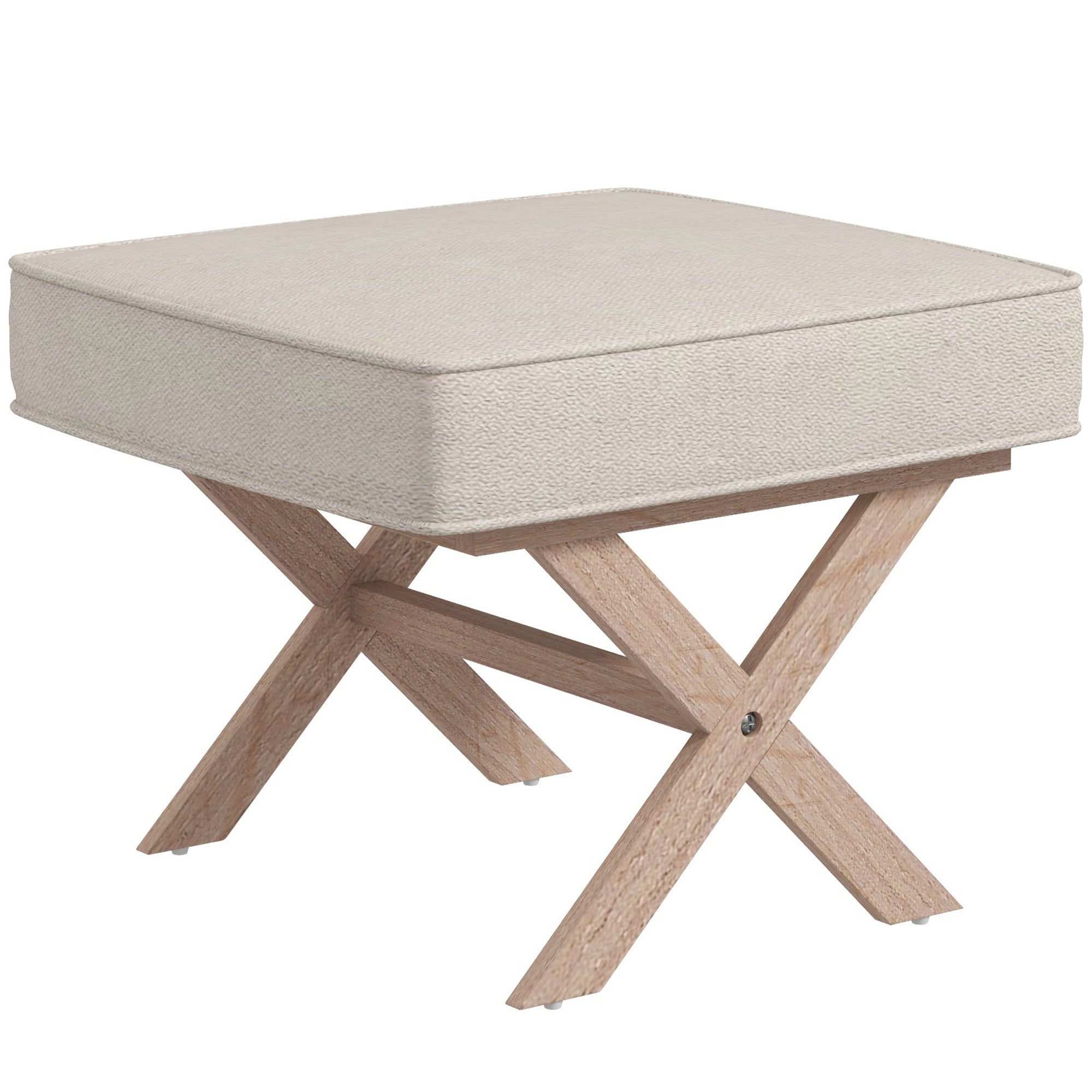 Footstool Round Stool with Soft Seat Cushion, Wooden Legs Footstool with Linen Look Anti-Slip Padding Ottoman for Bedroom, Living Room, Beige