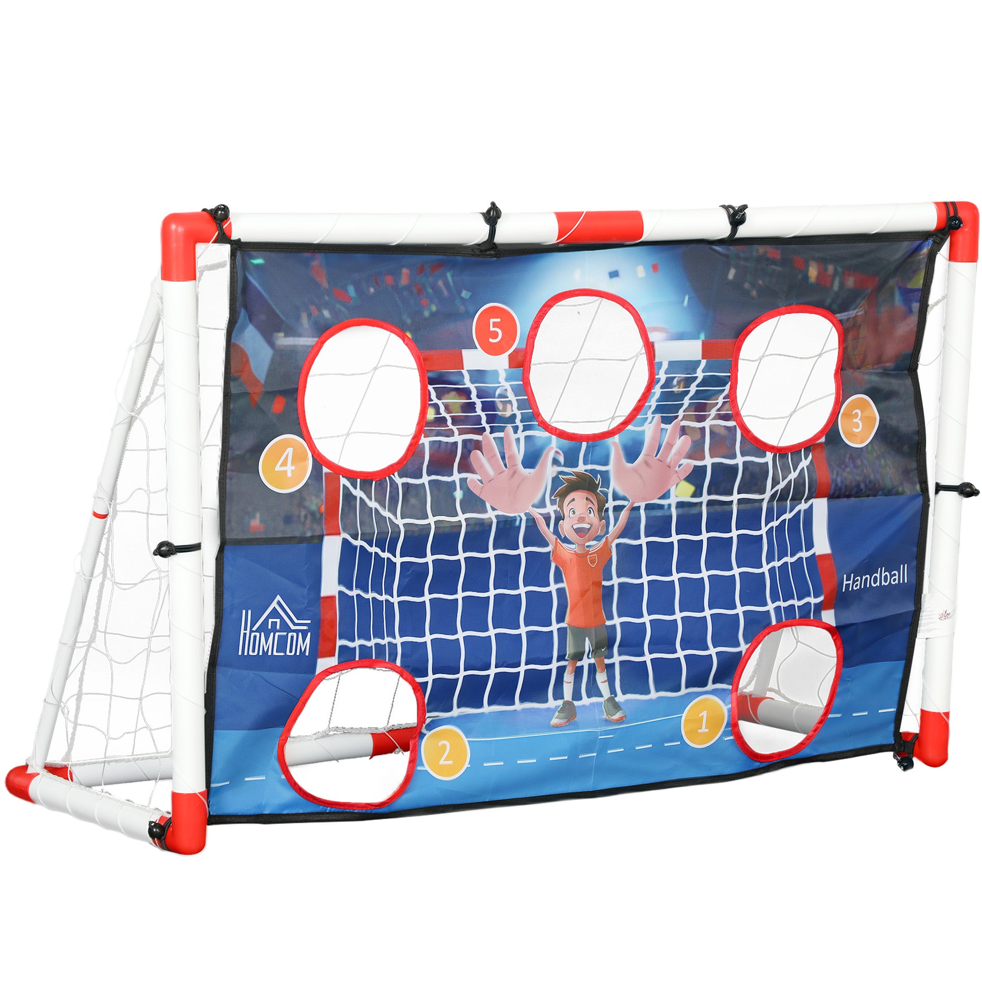 HOMCOM Barnens Utomhus Handbollsmål, 5 Måltavlor, Uppblåsbar Handboll, Pump, U-formade Markförankringar, Lättviktig Ram