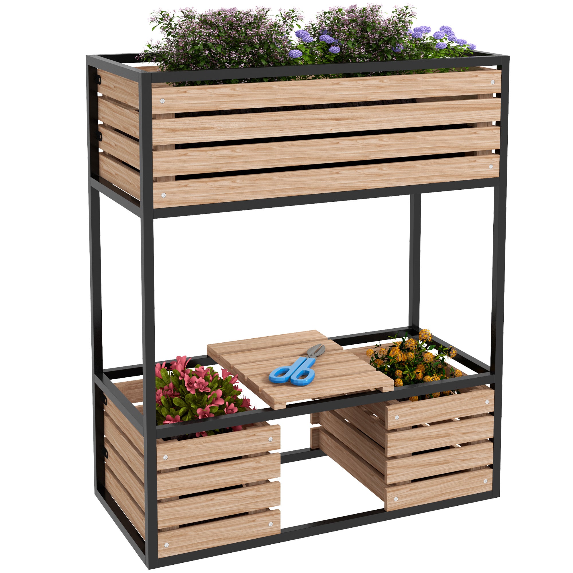 Wooden Raised Bed, 2-Tier Planter with Shelf, Elevated Vegetable Bed with Inner Fleece, Herb Bed for Garden, Balcony, Light Brown, 83 x 39 x 100 cm