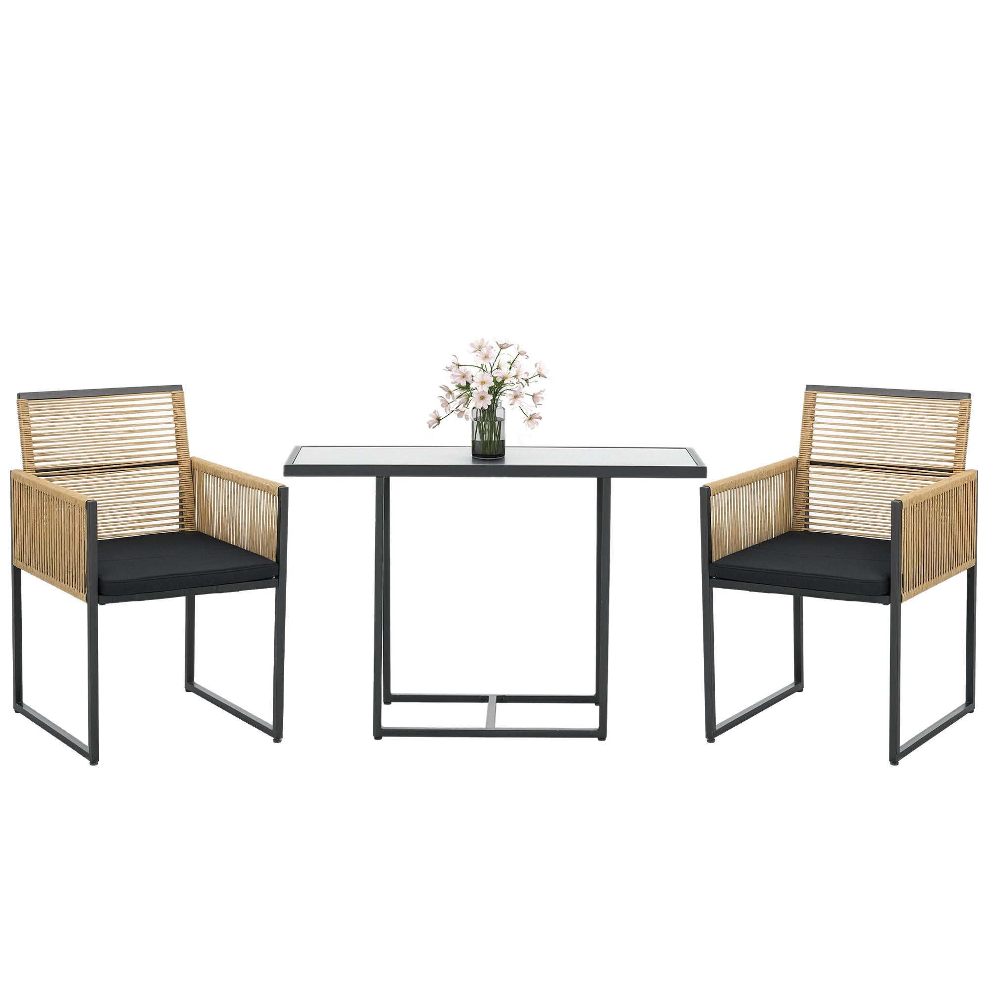 Outsunny 3-teiliges Gartenmöbelset mit klappbaren Rückenlehnenstühlen und Glastisch im Nestdesign für Terrasse und Patio – Natur und Schwarz