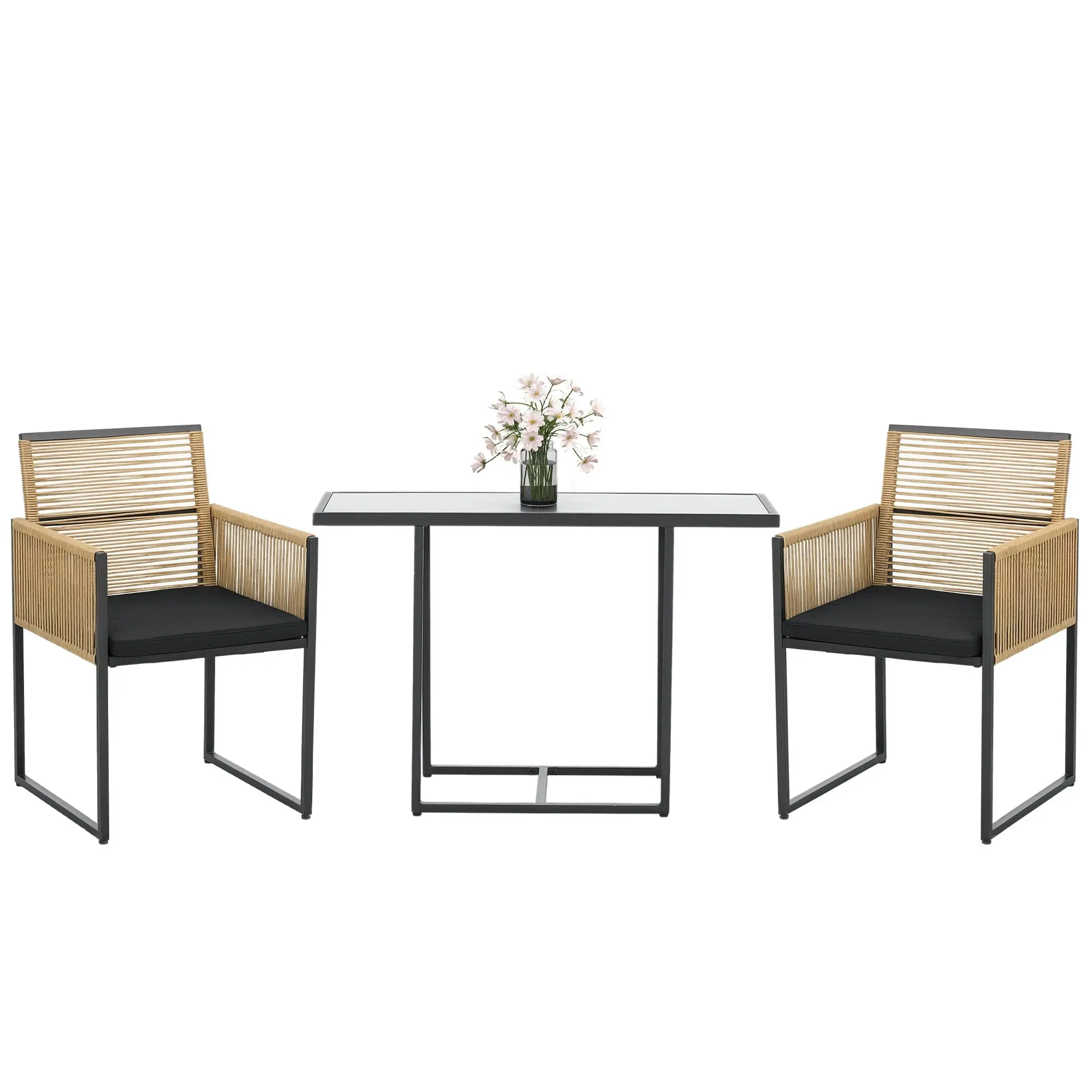 3-Piece Garden Furniture Set with Folding Backrest Chairs and Glass Table Nested Design for Terrace Patio Natural and Black
