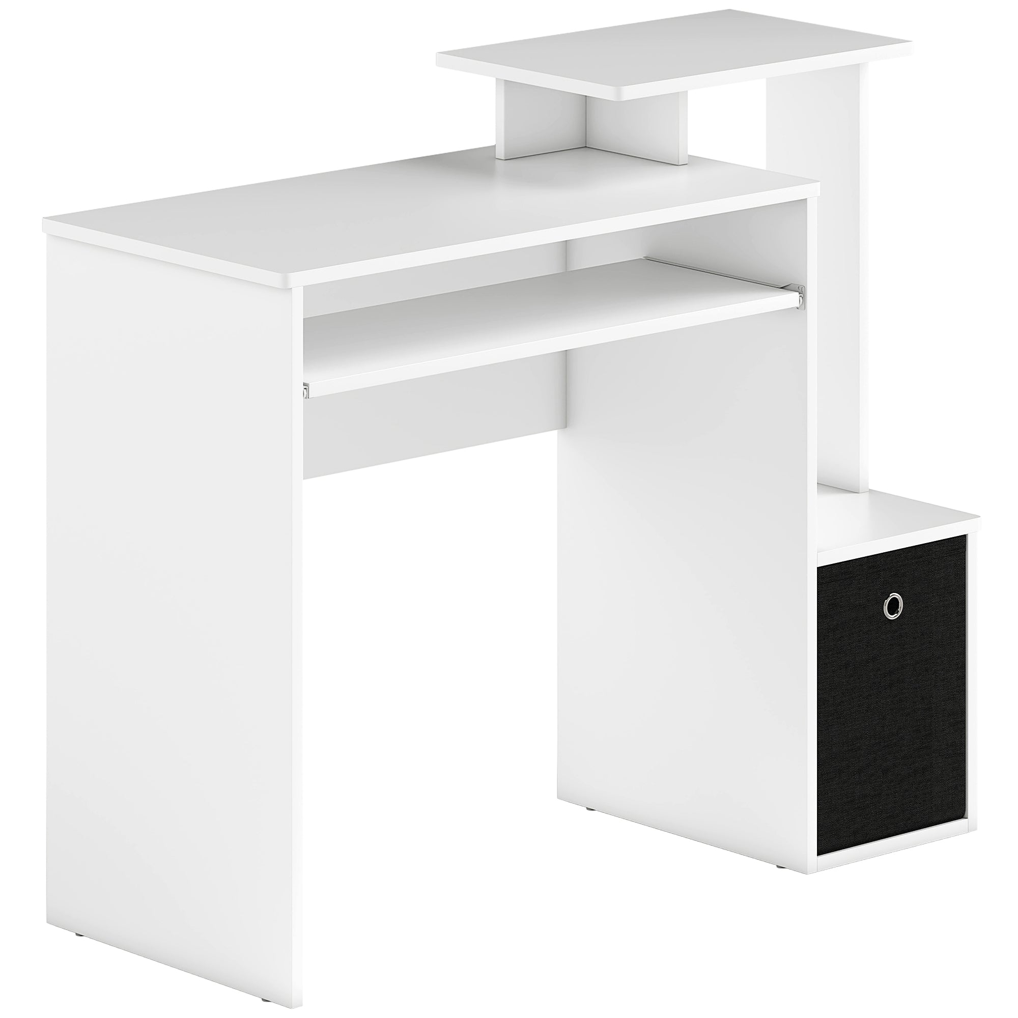 Multimedia Computer Desk with Shelves Keyboard Tray Basket Black Particle Board White