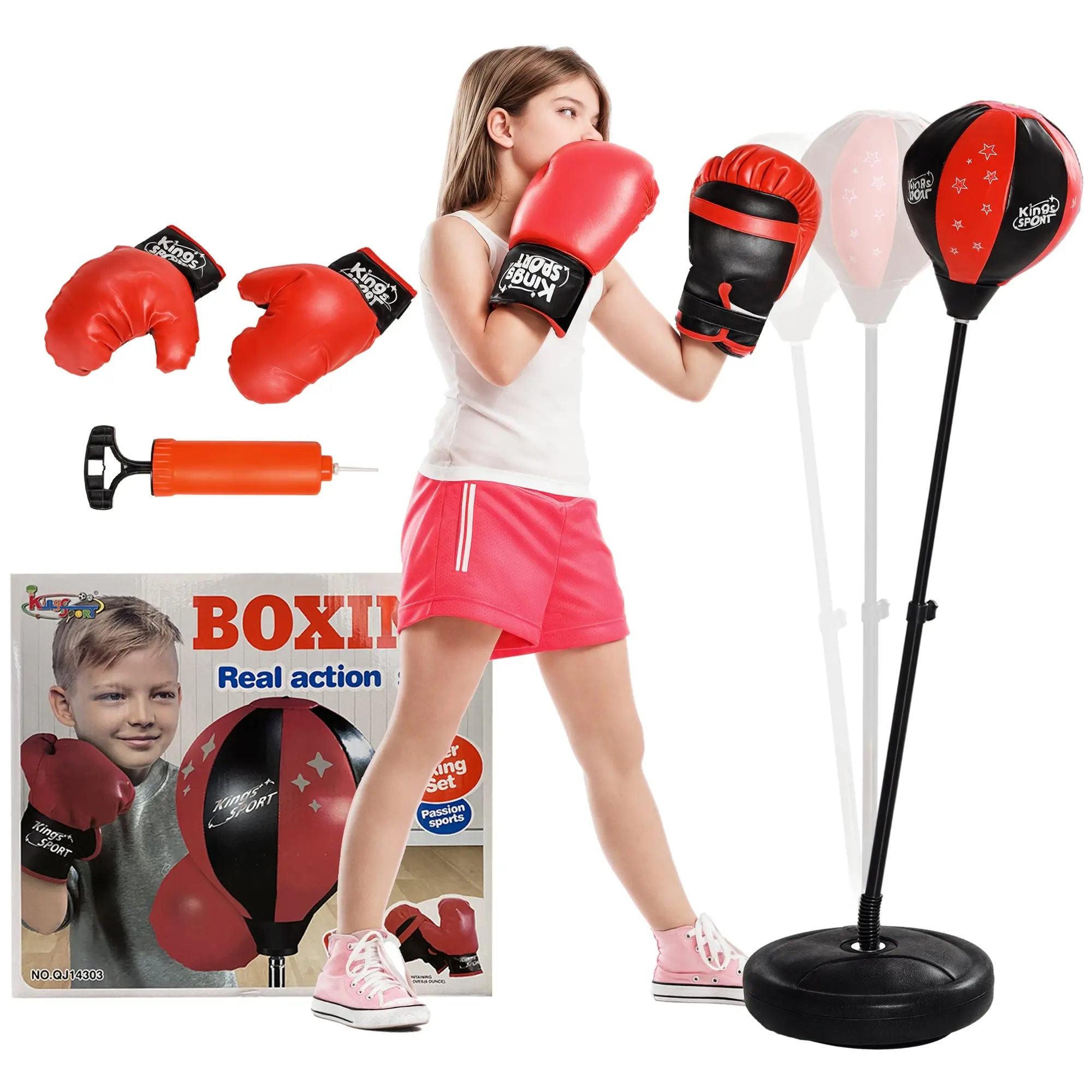 Kids Punching Bag Stand for 5-10 Years Old with Boxing Gloves and Weighted Base, Adjustable Height 68-102 cm, Red