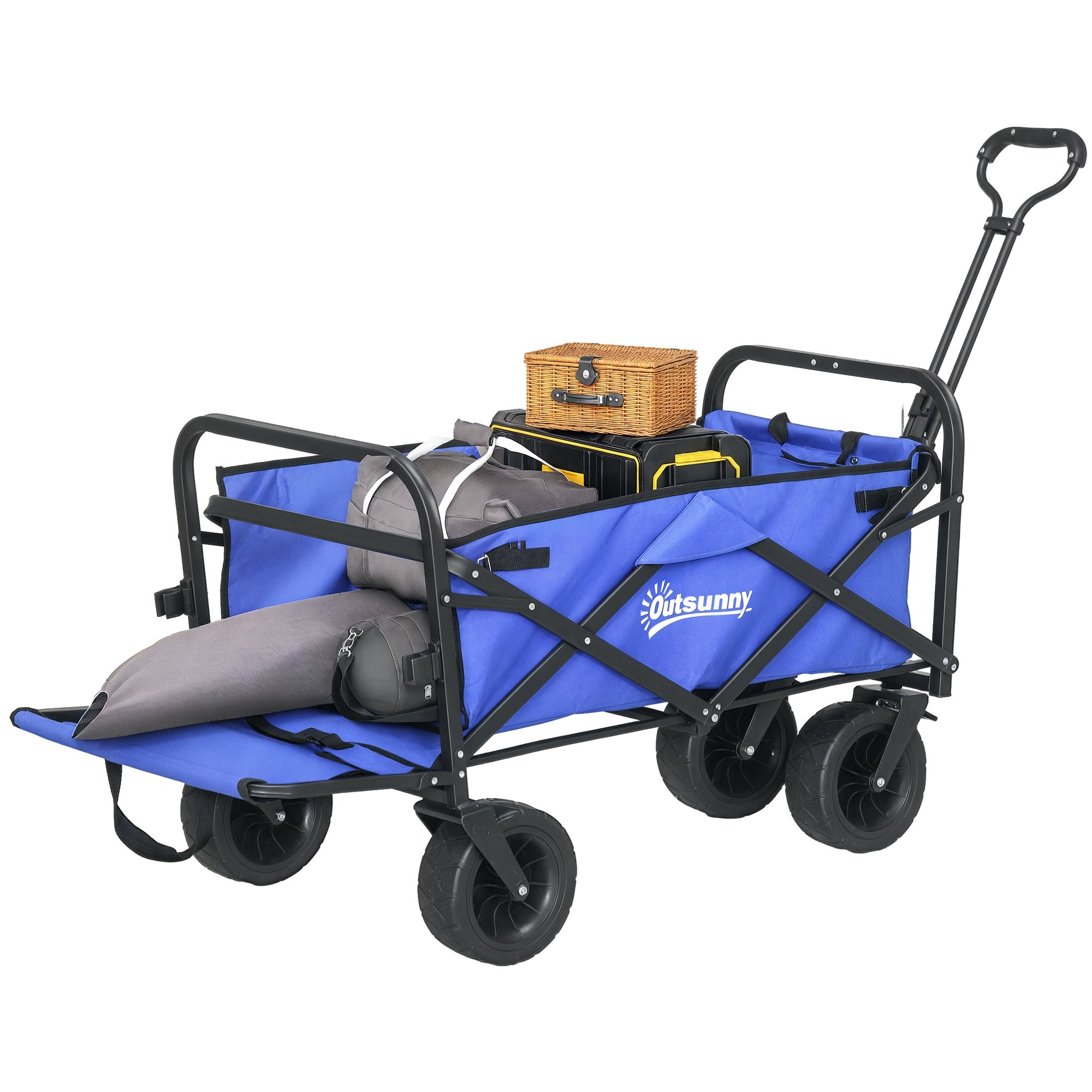 Outsunny Gartenwagen Klappbarer Strandwagen mit verstellbarer Griffhöhe und Winkel Rücktür und Transporttasche, belastbar bis 100 kg für Einkäufe, Dunkelblau