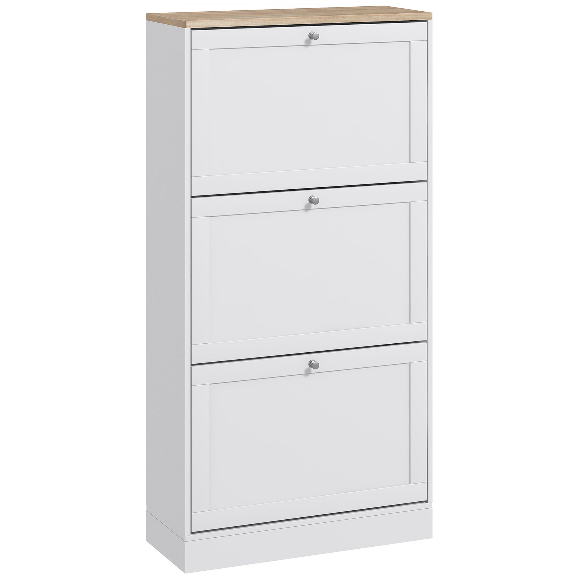 HOMCOM Schmales Schuhschrank mit 3 Klapptüren – Schuhaufbewahrung für den Eingangsbereich mit verstellbaren Regalen für 18 Paar Schuhe für schmale Flure 60x23,5x115 cm Weiß