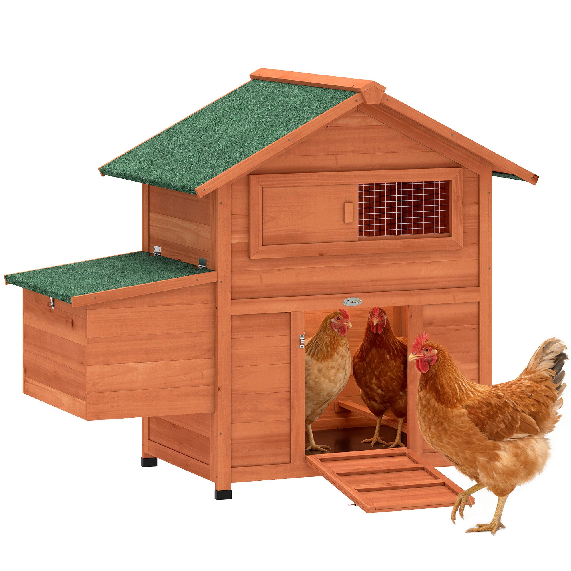 Wooden Chicken Coop for 2 Hens/Ducks/Rabbits, 113.5 x 67.5 x 95.5 cm with Nest Box, 2 Perches, Ramp, Sliding Window, Waterproof Roof, Pull-Out Tray - Spacious & Weatherproof