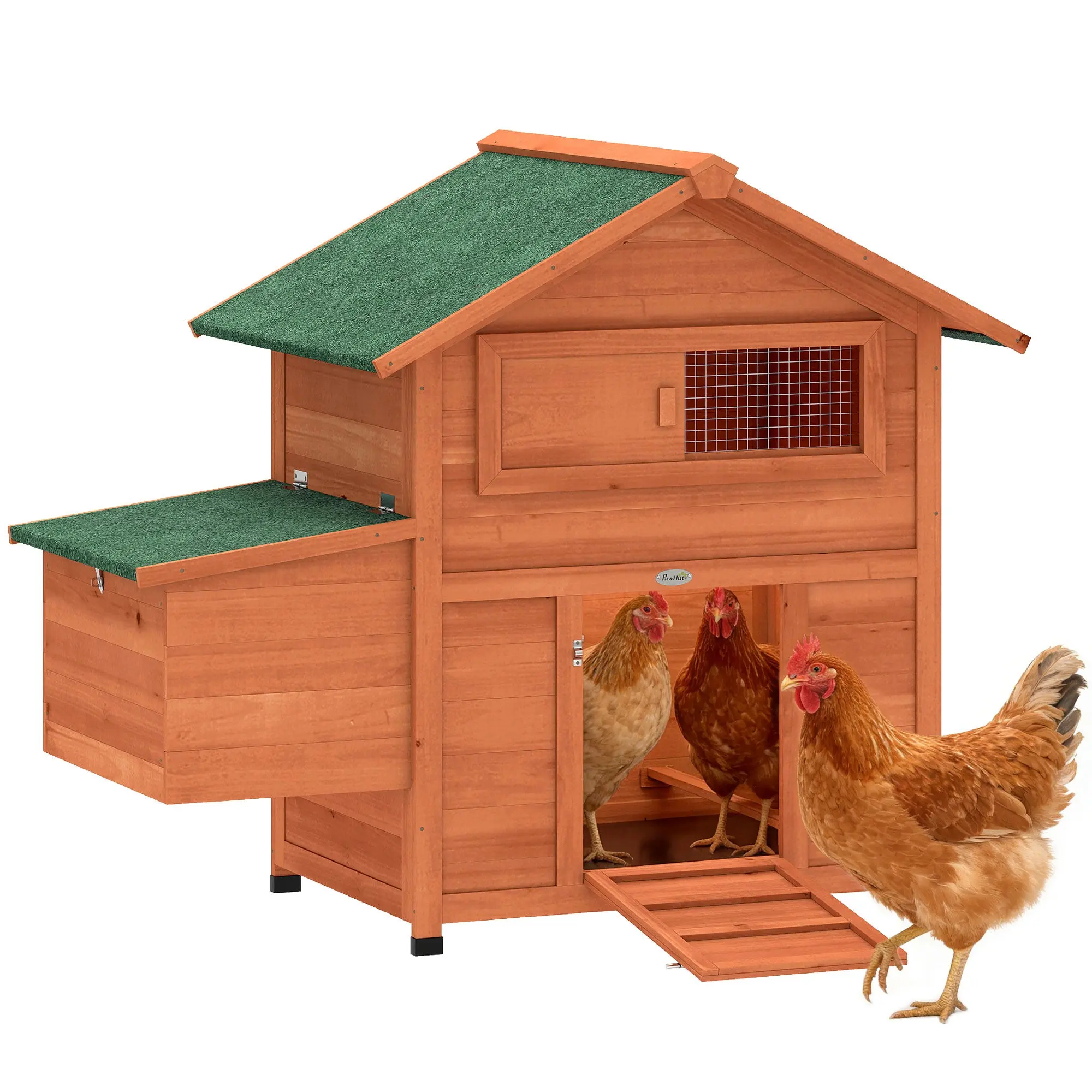 Wooden Chicken Coop for 2 Hens/Ducks/Rabbits, 113.5 x 67.5 x 95.5 cm with Nest Box, 2 Perches, Ramp, Sliding Window, Waterproof Roof, Pull-Out Tray - Spacious & Weatherproof