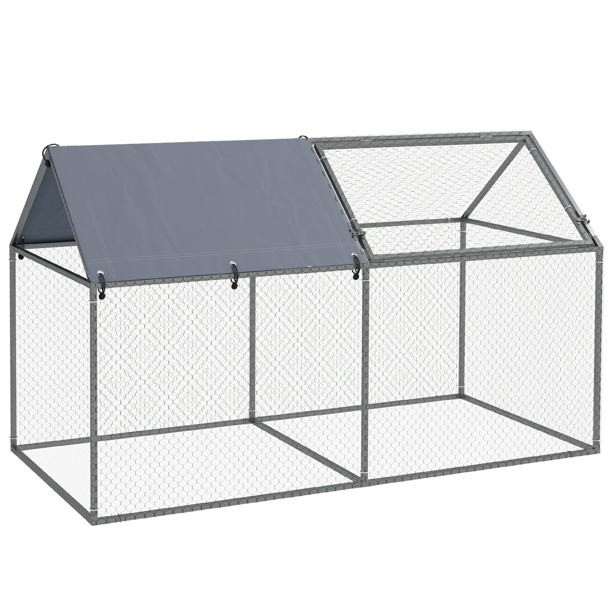PawHut Kleintierkäfig Haustierspielplatz aus Stahl mit 1 oberer Tür und 1 UV-beständigem Oxford-Stoffdach für den Garten 198x100x120 cm Silber