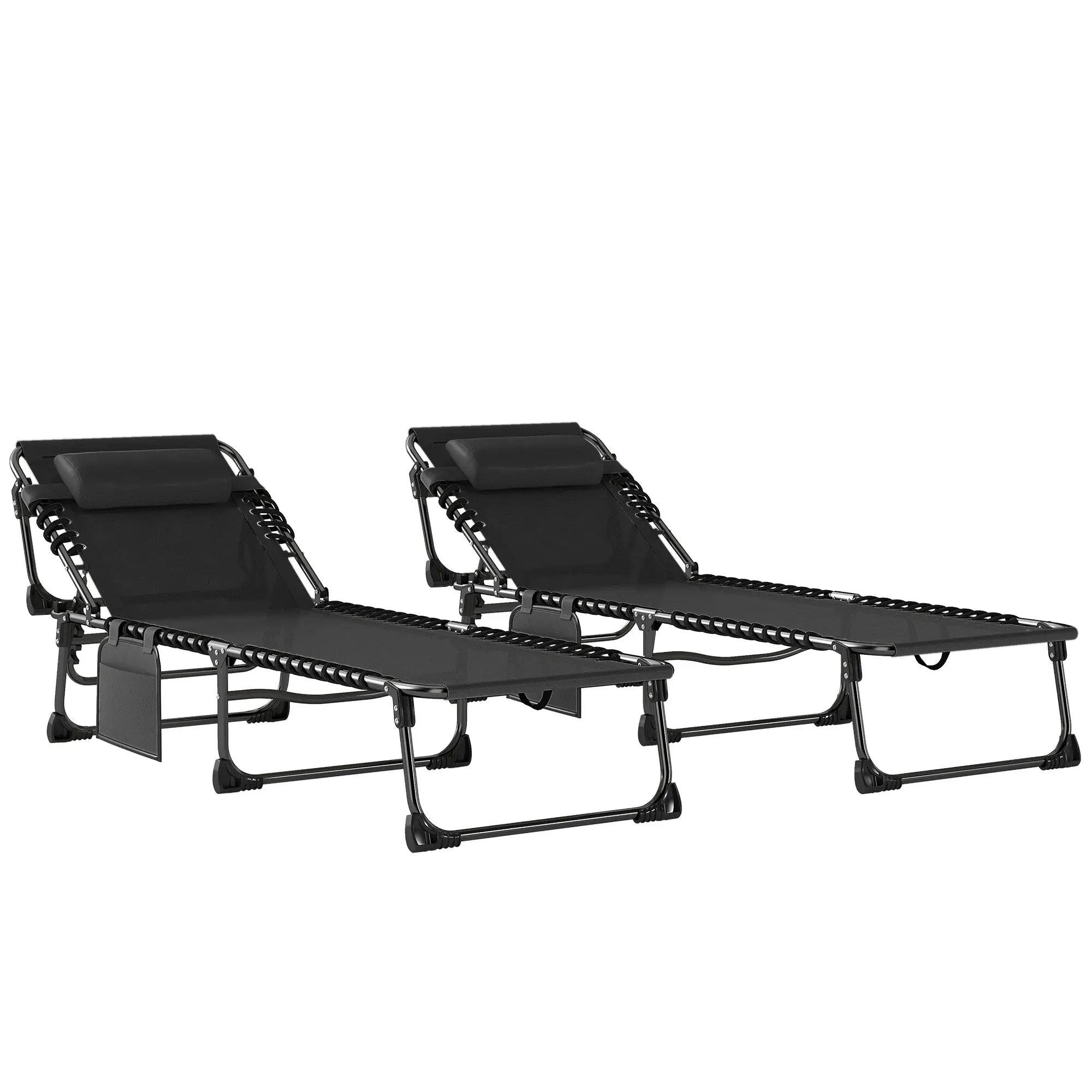 2-Pack Folding Outdoor Sun Loungers with Padded Headrest & Side Pocket, 5-Position Recline, Breathable Mesh Seat – Black