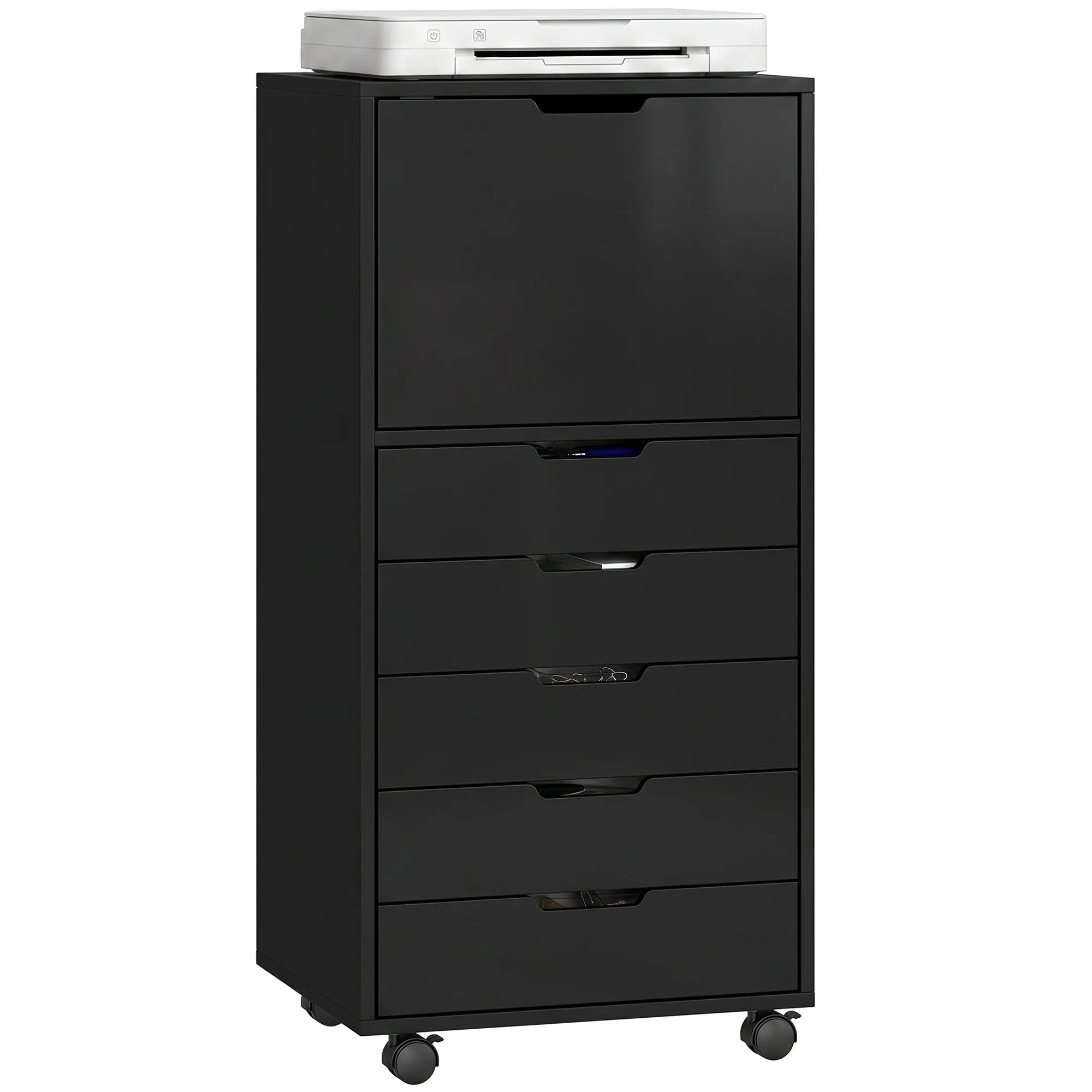 Office File Cabinet, 5 Drawers + Soft-Close Cupboard, Locking Casters, Under-Desk Filing for Letter/A4/Legal — 19 x 15.7 x 39.4 in (48 x 40 x 100 cm), Black