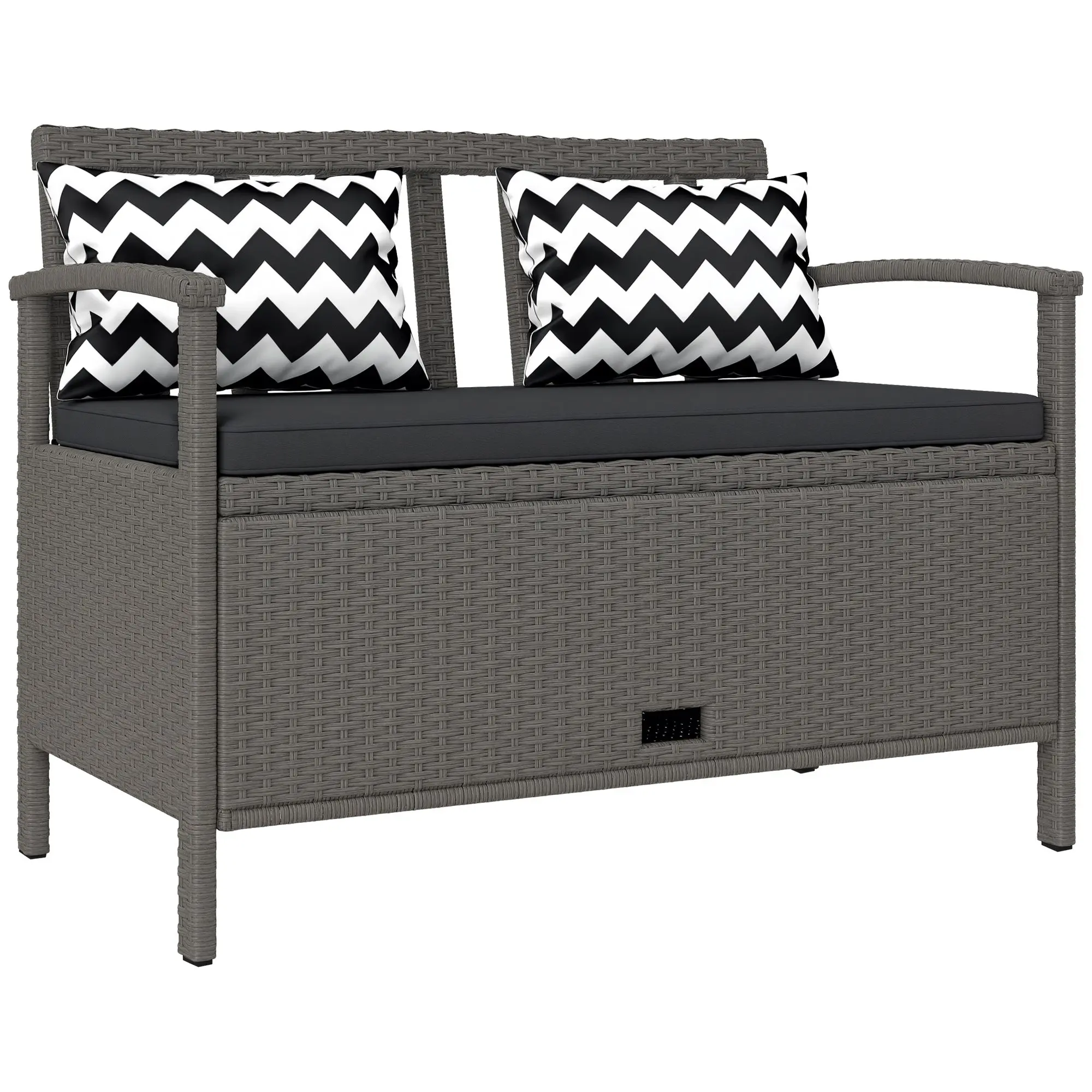 Outdoor Garden 2-Seater Bench, 160L PE Rattan Storage Bench, with Cushion, 2 Pillows, Steel Frame, 112 cm, Gray