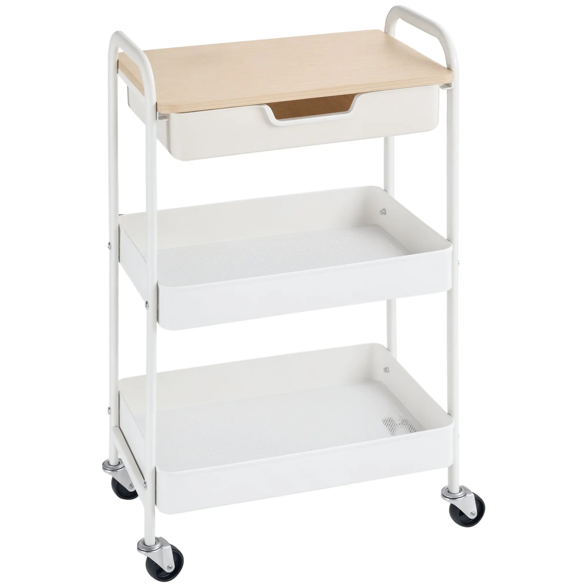Kitchen Cart with Wheels Storage Cart with Removable Drawer 2 Baskets and Brakes for Bathroom Living Room Bedroom 43.9x30.5x75.6 cm White