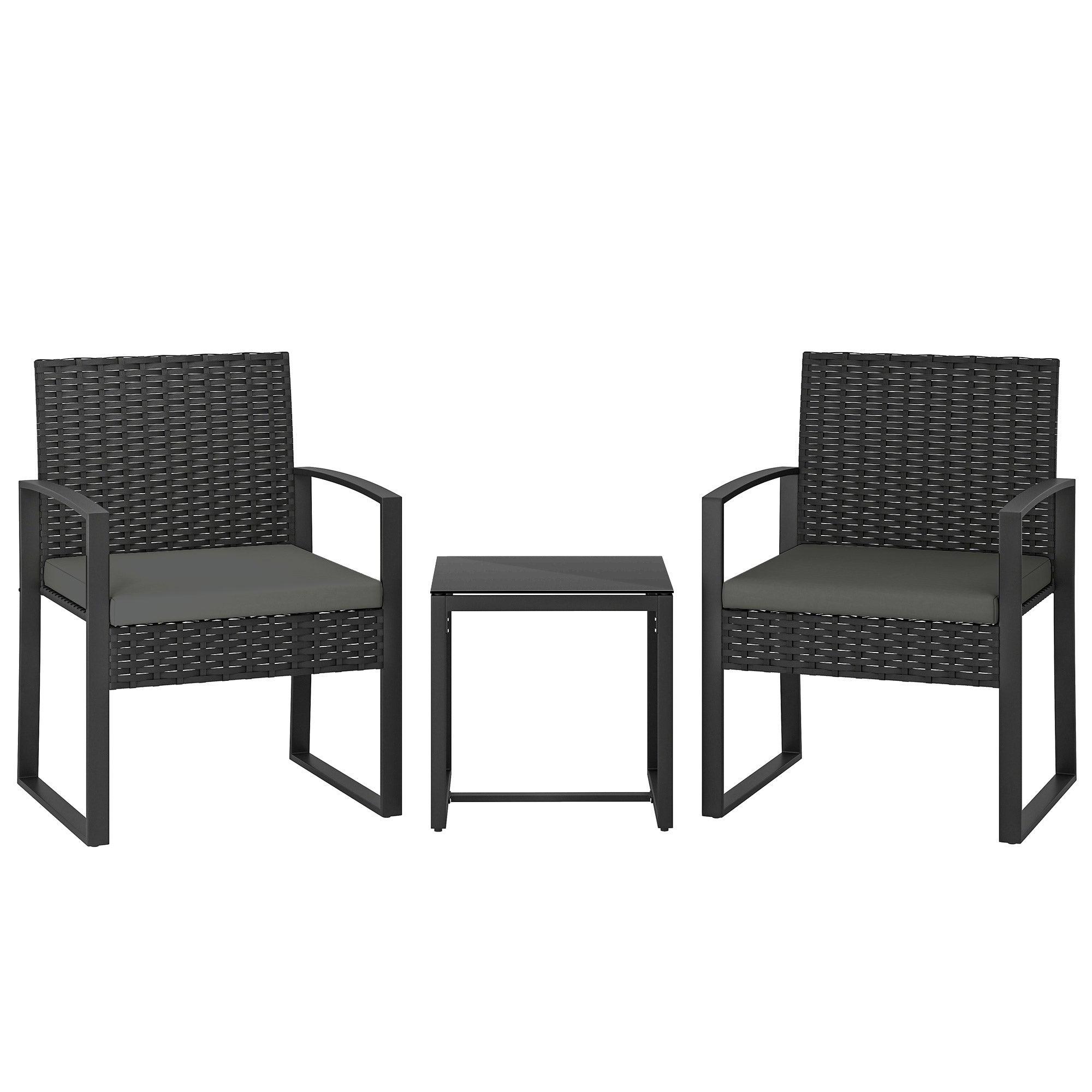 Outsunny Rattan-Bistro-Set (3-teilig) — 2 Balkonstühle & Beistelltisch mit abnehmbaren Kissen, Dunkelgrau