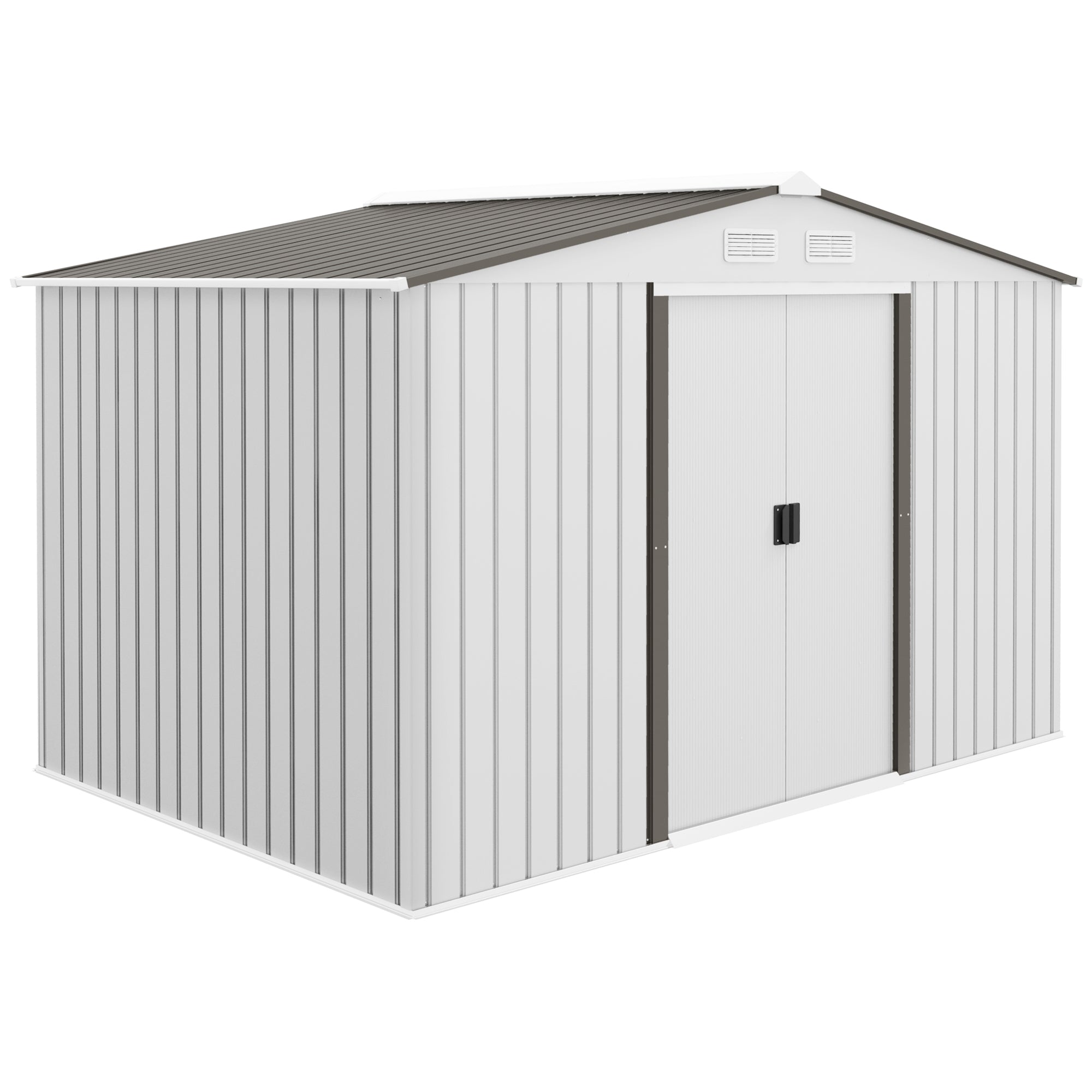 Zahradní domek Outsunny 5 m² se základem, 4 větracími otvory a 2 posuvnými dveřmi, ocelový skladovací domek, 277x195x192 cm, Stříbrný