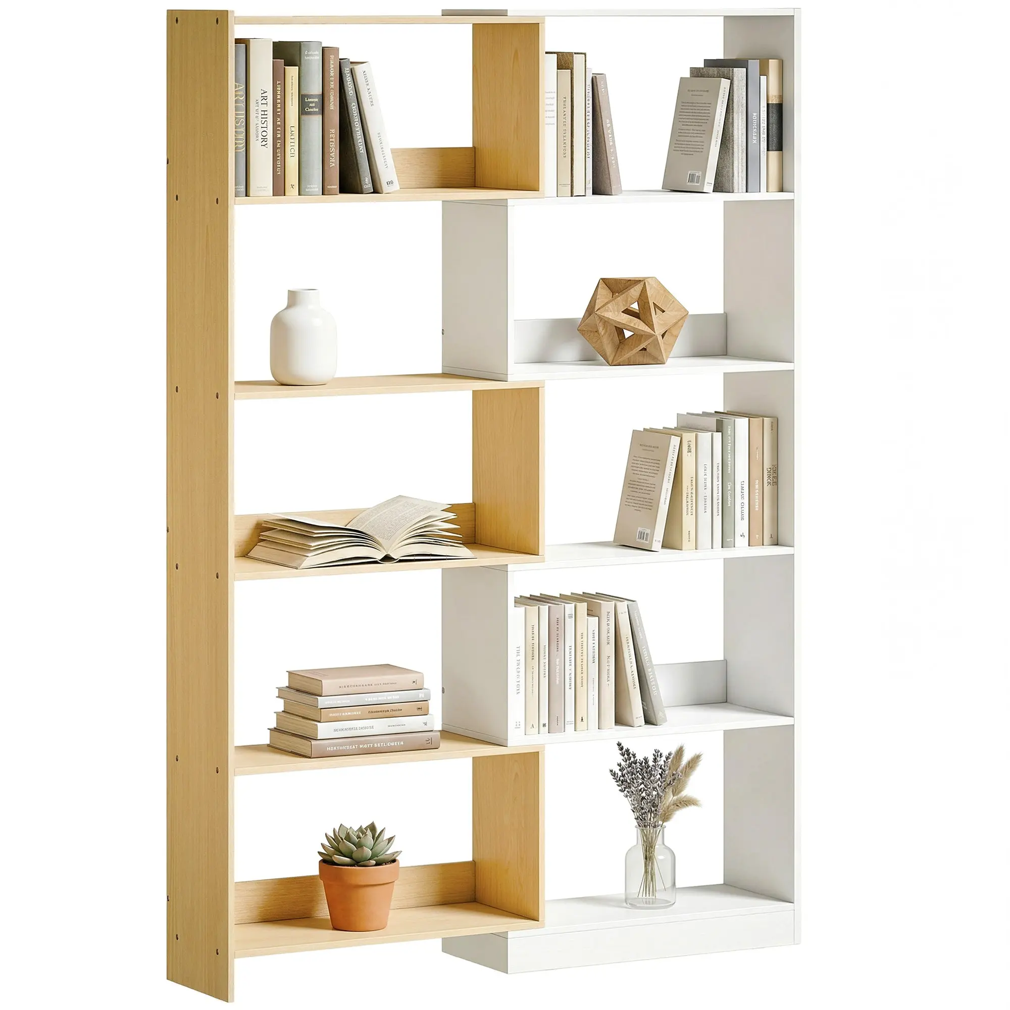 350° Rotating Corner 5-Tier Bookshelf, Extendable L-Shaped Storage, 44–111.5 x 9.4 x 64.5 in, Modern Oak & White, Space-Saving Storage for Living Room, Office