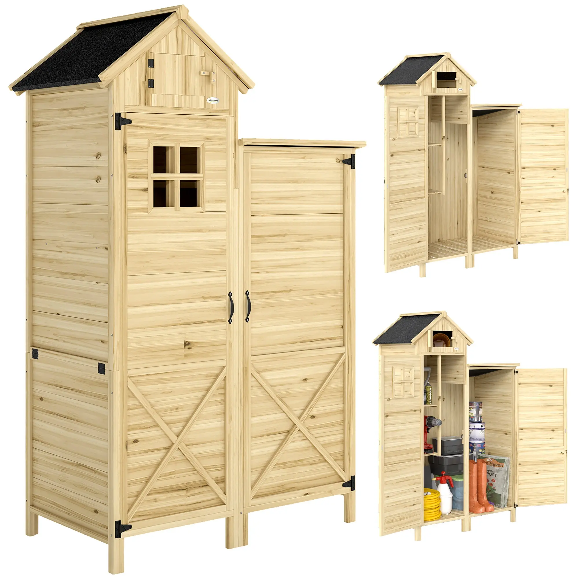 Wooden Garden Shed Cabinet 106×57×167 cm (41.7×22.4×65.7 in) – Outdoor Tool Storage with Double Zone, Removable Shelves, Waterproof Asphalt Roof & Window, Natural