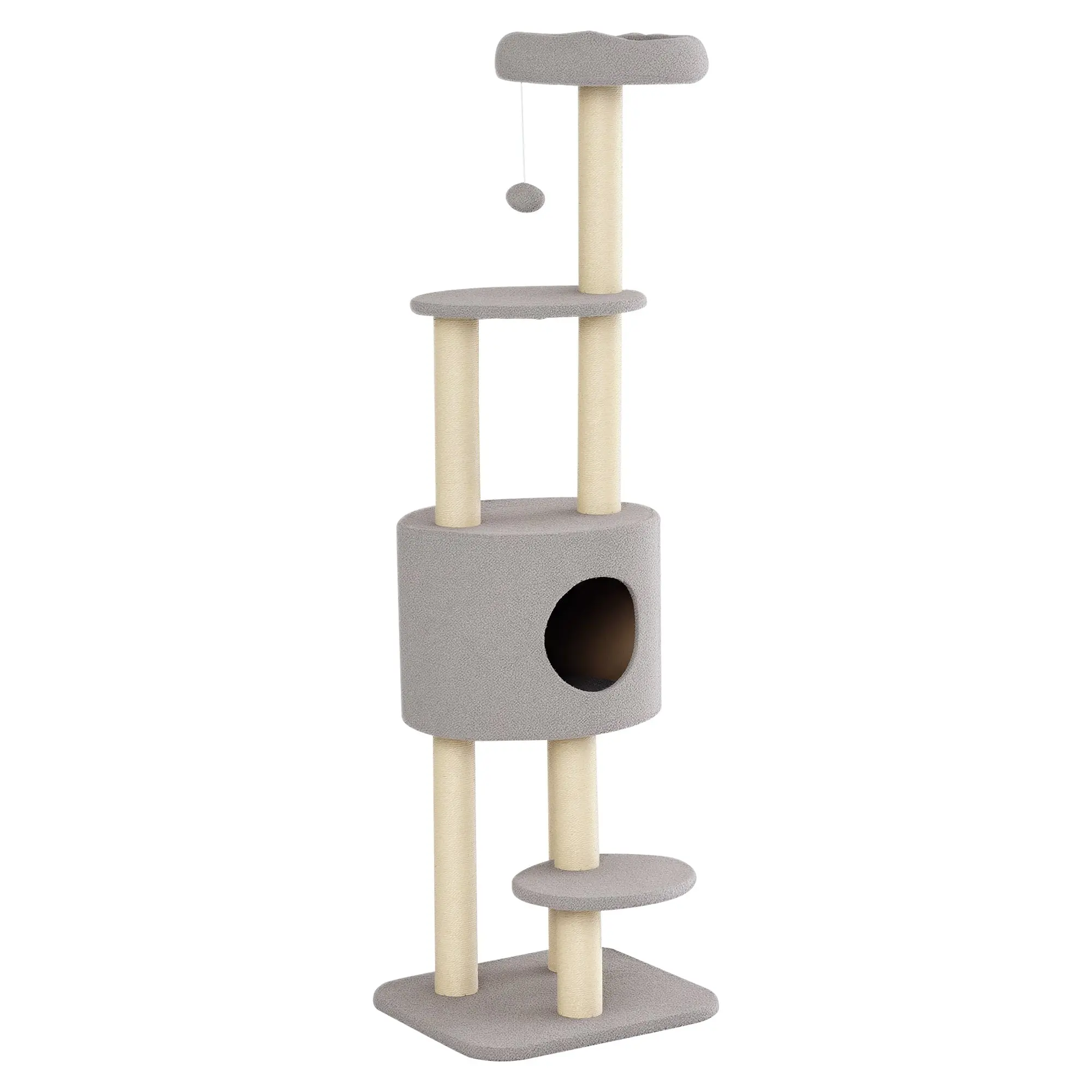 Cat Scratching Tree Height 148 cm Cat Tower with Sisal Posts 3 Platforms House and Hanging Ball Gray