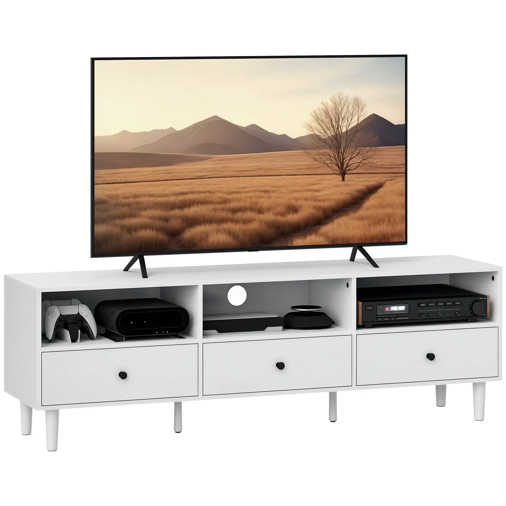 TV Cabinet TV Stand with Drawers, 3 Open Compartments 140 cm long TV Console with Cable Management for TV up to 75 inches TV Table for Living Room White 140x34x45cm