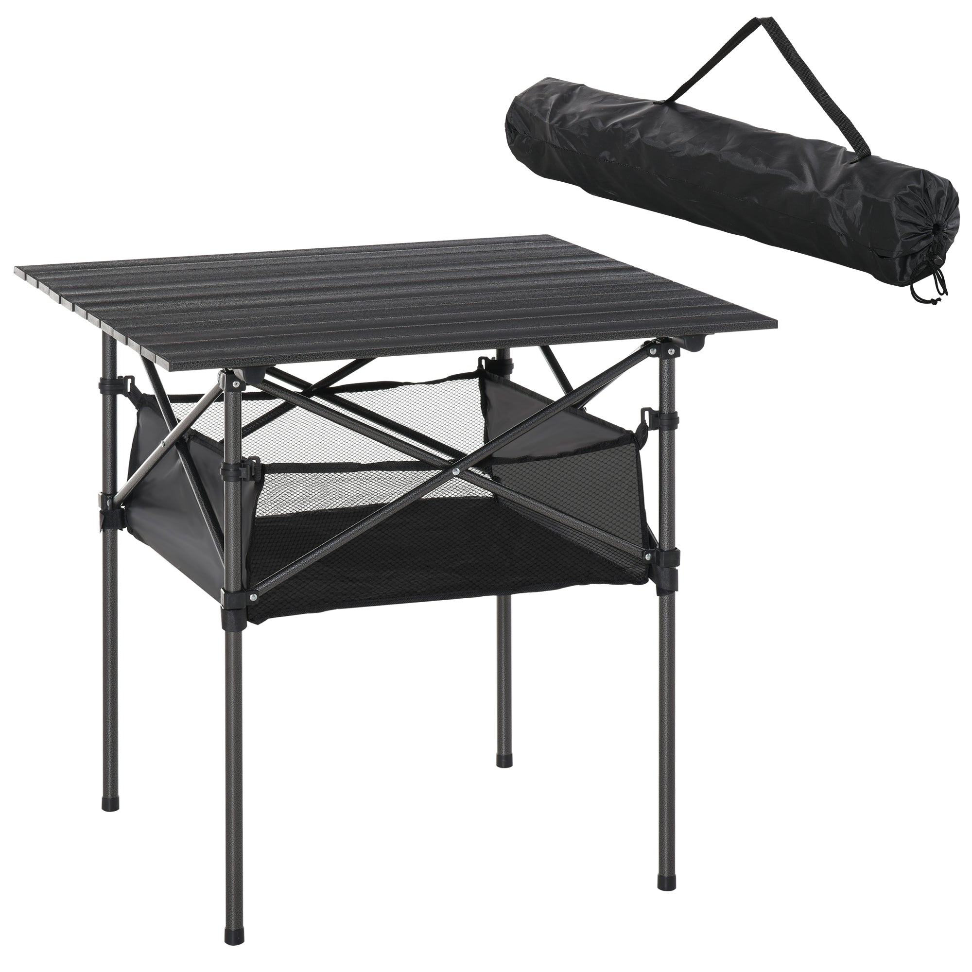 Outsunny zložljiva aluminijasta kampirska miza z mrežasto torbo, prenosna piknik miza za kampiranje, vrtna zabava, balkon, črna 70 x 70 x 69 cm