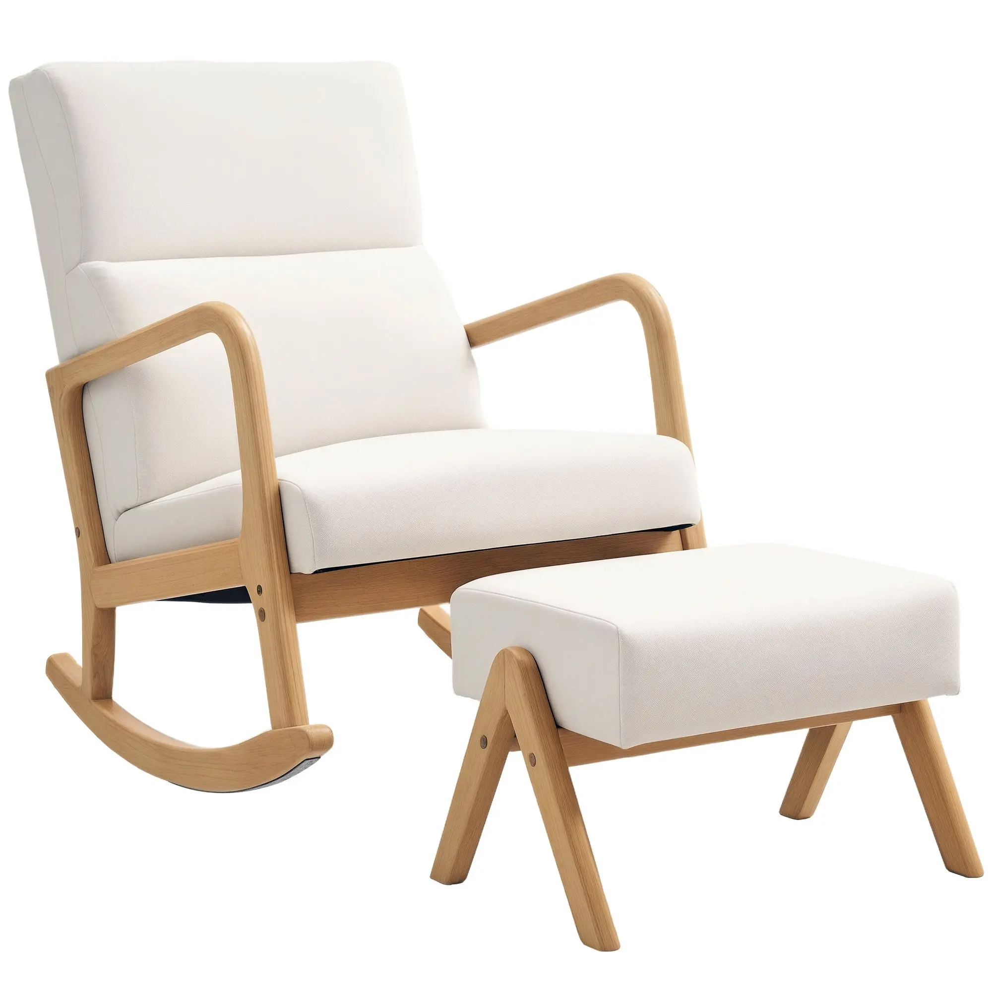 Rocking Chair with Footstool, Reclining Armchair with Linen Look, Rocking Chair with Wooden Legs Armchair for Bedroom, Living Room, up to 150 kg Load Capacity, Cream White