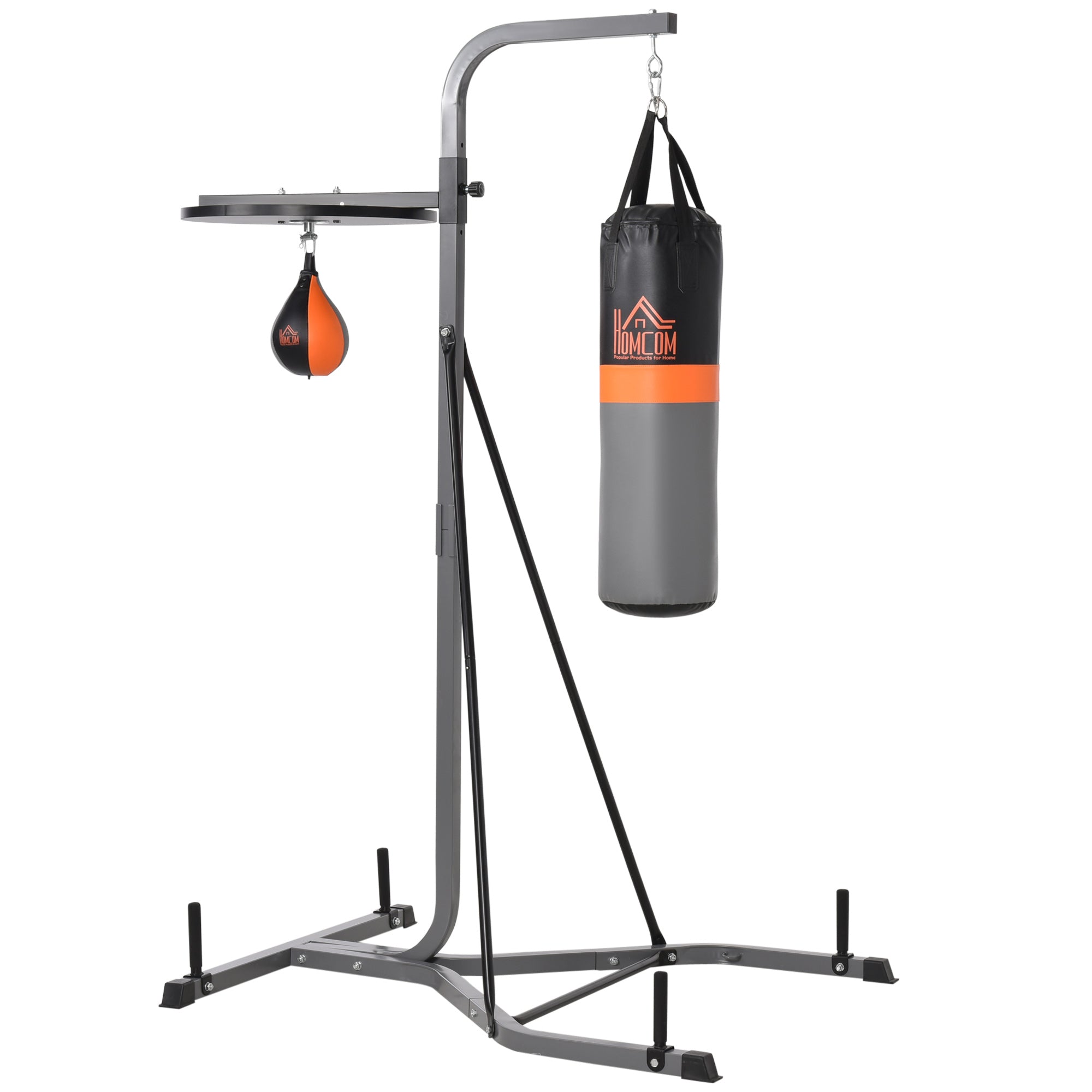 HOMCOM 2v1 Stojan na Boxovací Vak s maximální nosností 100 kg, otočný držák na boxovací vak z oceli s 20 kg boxovacím míčem, nastavitelná výška držáku na boxovací vak pro domácí fitness trénink, černý