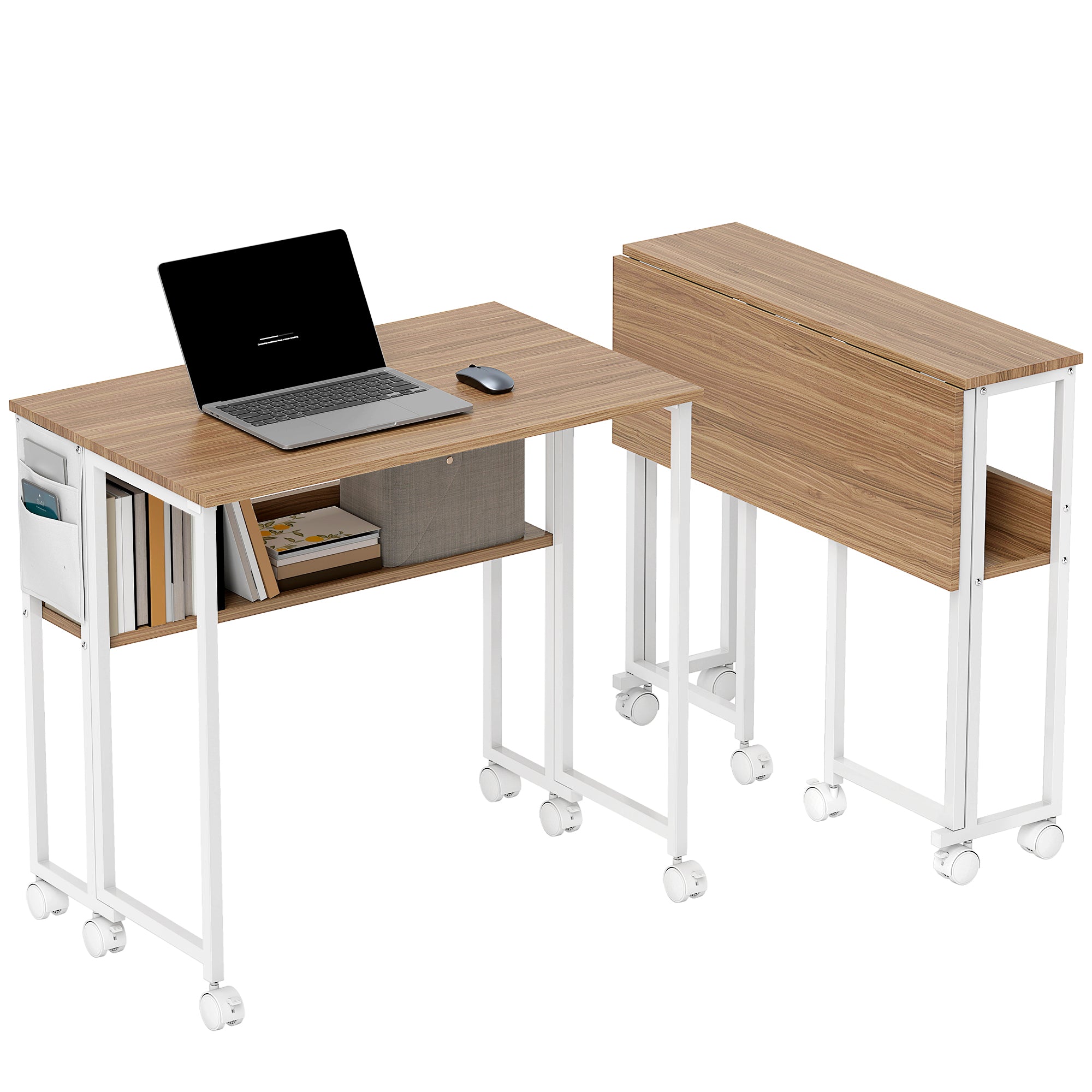 HOMCOM Foldbart Skrivebord med Hjul og Hylde - Kompakt Skrivebord med Opbevaringslomme til Laptop i Små Rum - 80x50x75 cm - Naturligt