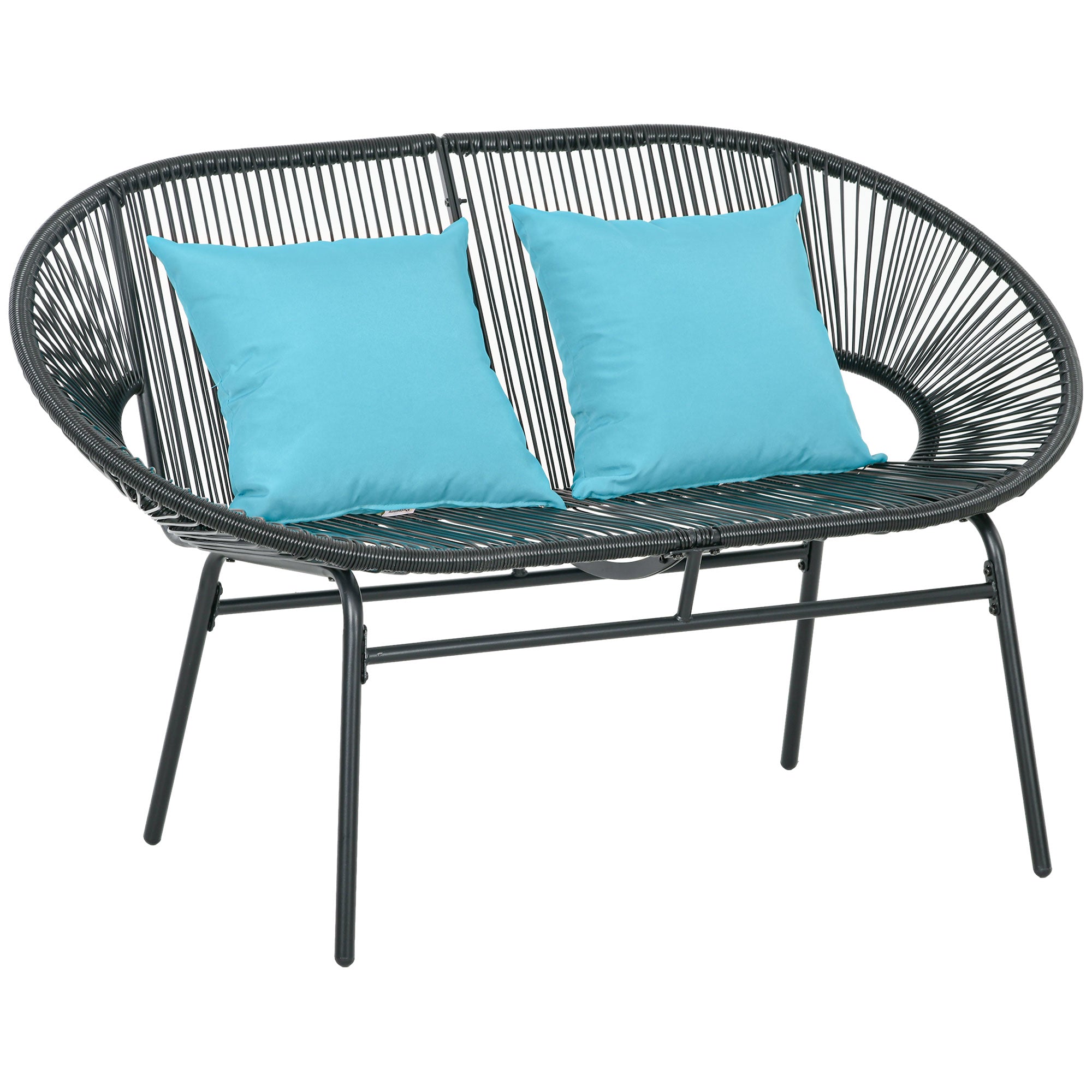 Outsunny 2-Sitzer Gartenbank aus Stahl und Kunstharz mit 2 Kissen - Maße 132L x 72B x 83H cm - schwarz