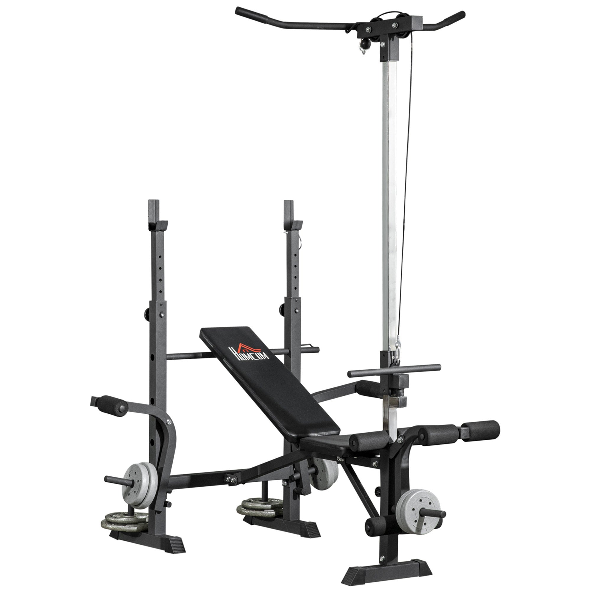 HOMCOM Multifunktiounen Gewiichtsbänk an 6 Positiounen ajustierbar fir e komplette Kierpertraining am Heem-Gym mat enger Traglast vu 150 kg 180x134x200 cm Sëlver a Schwaarz