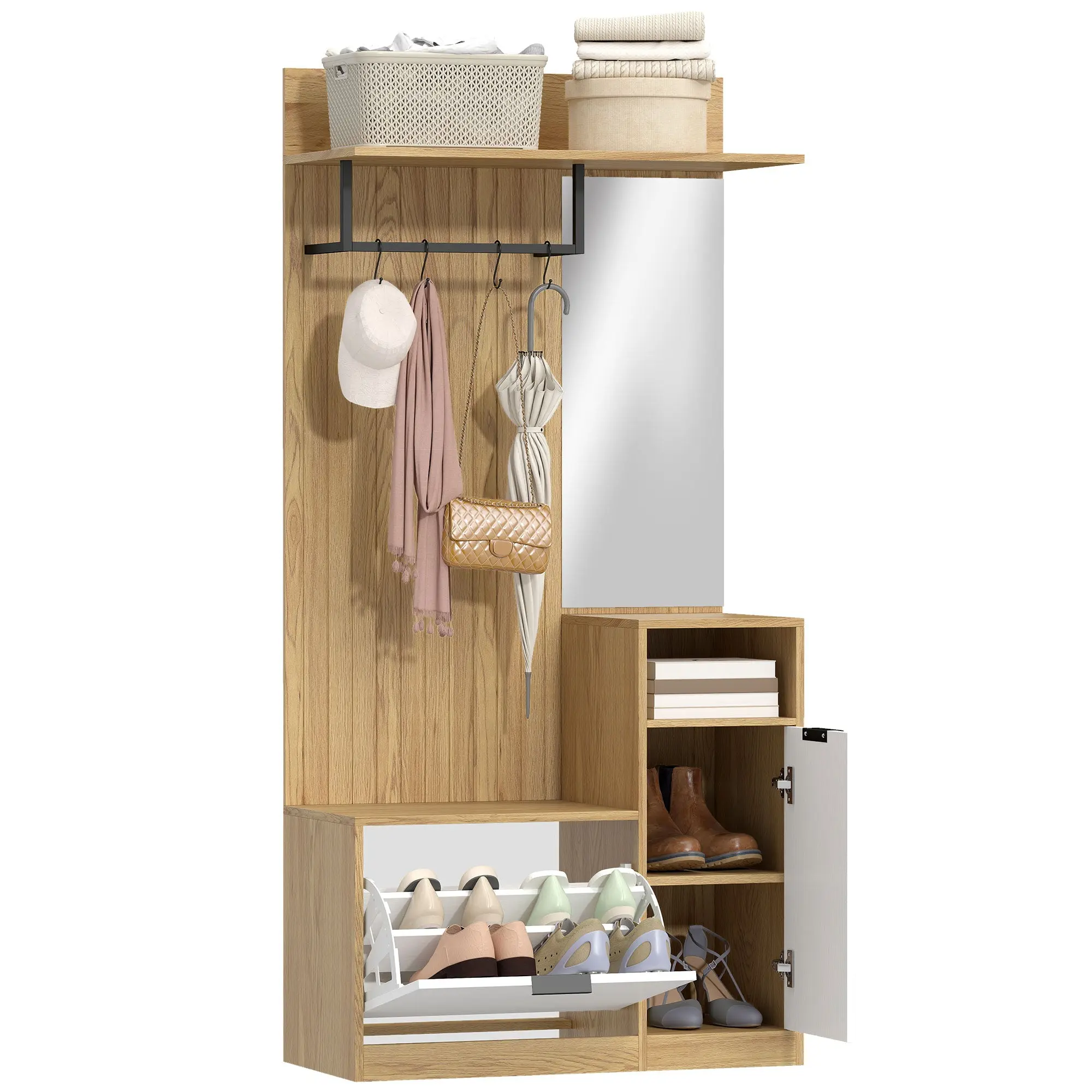 Hall Tree Shoe Rack with Mirror, Cabinet, Open Shelves & 4 Hooks — Modern Entryway Bench, Oak/White, 80x37x168 cm (31.5x14.6x66.1 in)